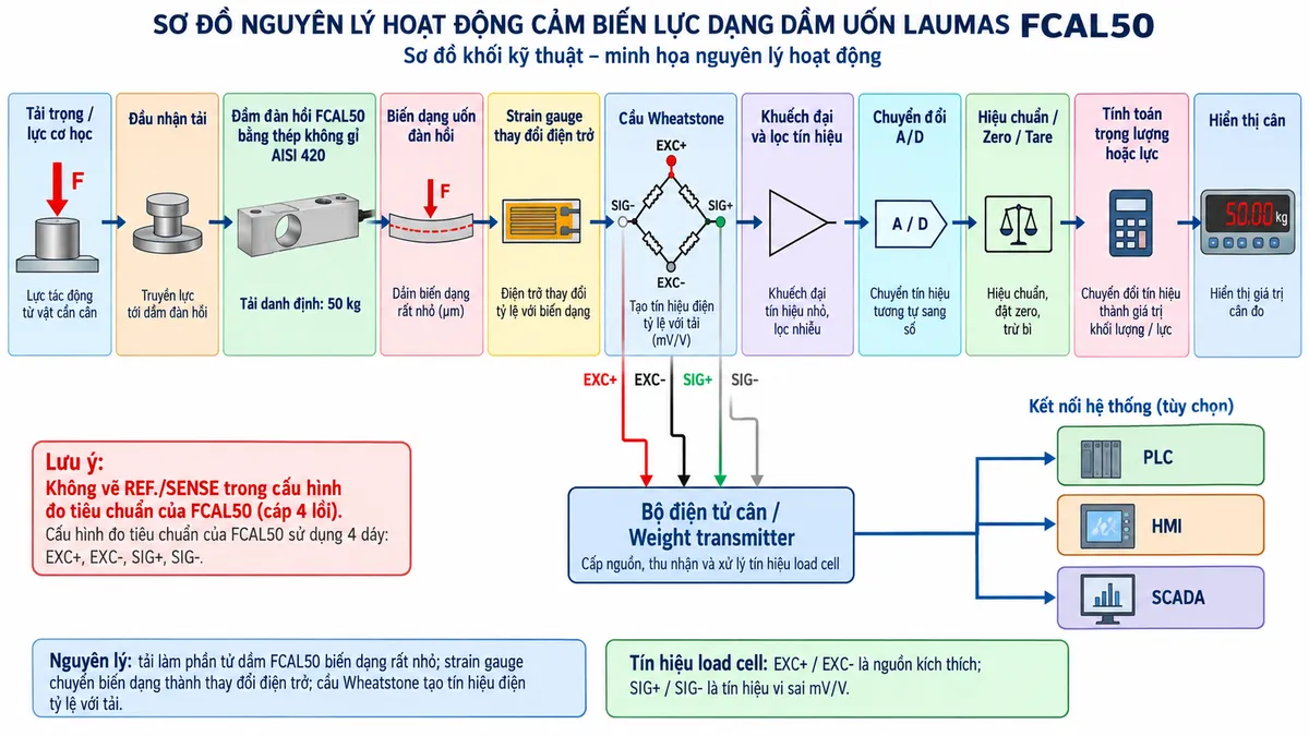 Vẽ sơ đồ nguyên lý hoạt động dạng khối cho Laumas FCAL50 trên nền trắng, bố cục ngang. Thể hiện luồng từ trái sang phải: “Tải trọng / lực cơ học” → “Đầu nhận tải” → “Dầm đàn hồi FCAL50 bằng thép không gỉ AISI 420” → “Biến dạng uốn đàn hồi” → “Strain gauge thay đổi điện trở” → “Cầu Wheatstone”. Từ khối “Bộ điện tử cân / Weight transmitter” vẽ EXC+ và EXC- cấp điện áp kích thích tới cầu Wheatstone. Từ cầu Wheatstone vẽ SIG+ và SIG- mang tín hiệu vi sai mV/V → “Khuếch đại và lọc tín hiệu” → “Chuyển đổi A/D” → “Hiệu chuẩn / Zero / Tare” → “Tính toán trọng lượng hoặc lực” → “Hiển thị cân”. Không vẽ REF./SENSE trong đường đo tiêu chuẩn của FCAL50 vì datasheet thể hiện cấu hình cáp 4 lõi. Từ bộ xử lý vẽ nhánh tùy chọn tới PLC, HMI và SCADA khi sử dụng weight transmitter hoặc thiết bị điện tử cân có giao tiếp tương thích. Bổ sung chú thích nguyên lý: tải làm phần tử dầm FCAL50 biến dạng rất nhỏ; strain gauge chuyển biến dạng thành thay đổi điện trở; cầu Wheatstone tạo tín hiệu điện tỷ lệ với tải.