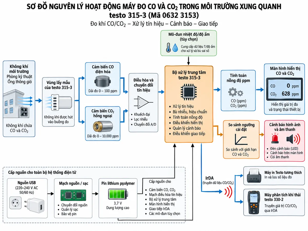 Vẽ sơ đồ nguyên lý hoạt động dạng khối cho máy đo CO và CO2 testo 315-3 mã 0632 3153 trên nền trắng, bố cục ngang. Luồng chính: không khí môi trường/phòng kỹ thuật/ống thông gió → vùng lấy mẫu của testo 315-3 → chia thành hai nhánh song song: nhánh CO đi vào cảm biến điện hóa dải 0–100 ppm và nhánh CO2 đi vào cảm biến hồng ngoại dải 0–10.000 ppm → điều hòa và chuyển đổi tín hiệu → bộ xử lý trung tâm testo 315-3 → tính toán nồng độ ppm → màn hình hiển thị CO và CO2. Từ bộ xử lý chia nhánh tới khối so sánh ngưỡng cài đặt → cảnh báo hình ảnh và âm thanh khi vượt ngưỡng; nhánh IrDA → máy in Testo hoặc testo 330-2. Vẽ thêm nhánh tùy chọn mô-đun nhiệt độ/độ ẩm → bộ xử lý. Thể hiện pin lithium polymer và nguồn USB cấp năng lượng cho toàn bộ khối điện tử.