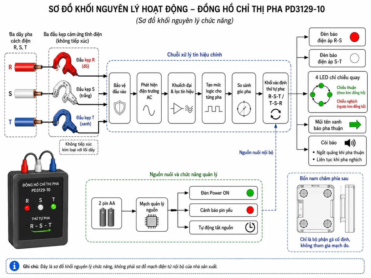 Vẽ sơ đồ nguyên lý hoạt động dạng khối của Đồng hồ chỉ thị pha HIOKI PD3129-10, nền trắng, bố cục ngang, nhãn tiếng Việt, phong cách kỹ thuật điện công nghiệp. Luồng tín hiệu bắt đầu từ ba dây pha cách điện R, S, T đi vào ba đầu kẹp cảm ứng tĩnh điện không tiếp xúc; tiếp theo là các khối bảo vệ đầu vào, phát hiện điện trường AC, khuếch đại và lọc tín hiệu, tạo mức logic cho từng pha, so sánh góc pha và khối xác định thứ tự R-S-T hoặc T-S-R. Từ khối xử lý phân nhánh tới đèn báo điện áp R-S và S-T, bốn LED chỉ chiều quay, mũi tên xanh báo pha thuận và còi báo ngắt quãng hoặc liên tục. Vẽ thêm nhánh nguồn gồm hai pin AA, mạch quản lý nguồn, đèn Power ON, cảnh báo pin yếu và bộ tự động tắt nguồn; thể hiện bốn nam châm phía sau chỉ là bộ phận gá cố định, không tham gia mạch đo. Ghi chú đây là sơ đồ khối nguyên lý chức năng, không phải sơ đồ mạch điện tử nội bộ của nhà sản xuất.