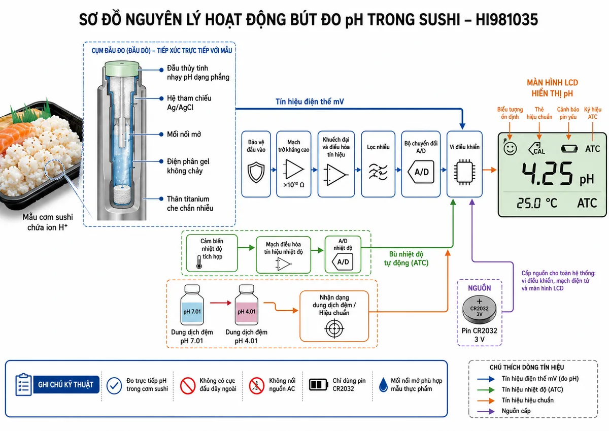 Vẽ sơ đồ nguyên lý hoạt động dạng khối của Bút Đo pH Trong Sushi Foodcare Hanna HI981035, nền trắng, bố cục ngang, nhãn tiếng Việt và phong cách kỹ thuật đo lường. Luồng chính bắt đầu từ mẫu cơm sushi chứa ion H+, đi tới đầu thủy tinh nhạy pH dạng phẳng và hệ tham chiếu Ag/AgCl qua mối nối mở với điện phân gel không chảy; thể hiện thân titanium che chắn nhiễu. Tín hiệu điện thế mV đi qua bảo vệ đầu vào, mạch trở kháng cao, khuếch đại và điều hòa tín hiệu, lọc nhiễu, bộ chuyển đổi A/D, vi điều khiển rồi tới màn hình LCD hiển thị pH. Vẽ nhánh từ cảm biến nhiệt độ tích hợp qua mạch điều hòa và A/D tới vi điều khiển để bù nhiệt độ tự động. Bổ sung nhánh hiệu chuẩn từ dung dịch đệm pH 7.01 và pH 4.01 tới khối nhận dạng dung dịch đệm, cùng biểu tượng ổn định, thẻ hiệu chuẩn và cảnh báo pin yếu trên LCD.