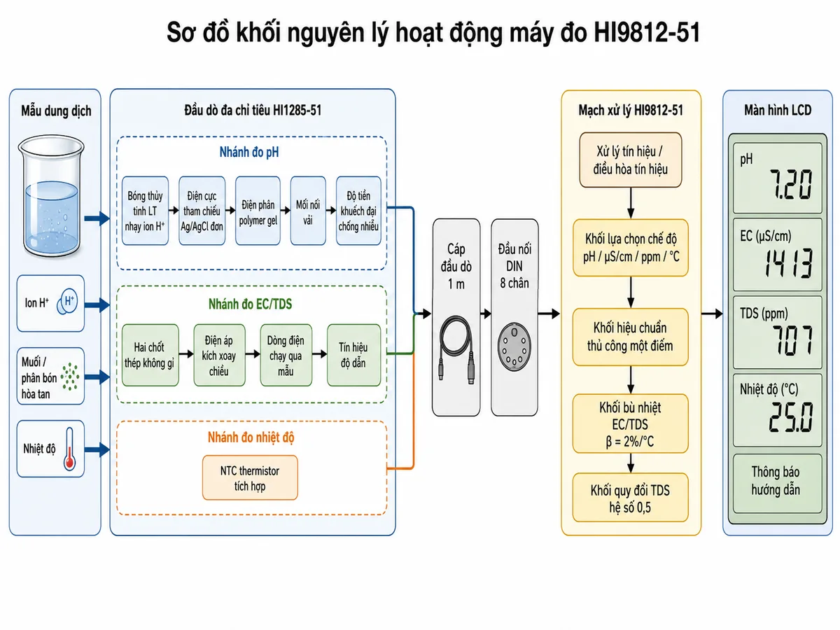 Sơ đồ khối nguyên lý hoạt động của Hanna HI9812-51 trên nền trắng, bố cục ngang: bắt đầu từ mẫu dung dịch chứa ion H+, muối hoặc phân bón hòa tan và nhiệt độ; trong đầu dò HI1285-51 chia thành ba nhánh, nhánh pH gồm bóng thủy tinh LT nhạy ion H+, điện cực tham chiếu Ag/AgCl đơn, điện phân polymer gel, mối nối vải và bộ tiền khuếch đại chống nhiễu; nhánh EC/TDS gồm hai chốt thép không gỉ, điện áp kích xoay chiều, dòng điện chạy qua mẫu và tín hiệu độ dẫn; nhánh nhiệt độ gồm NTC thermistor tích hợp; các tín hiệu truyền qua cáp 1 m và đầu nối DIN 8 chân đến mạch xử lý HI9812-51, tiếp theo là khối lựa chọn chế độ pH/µS/cm/ppm/°C, khối hiệu chuẩn thủ công một điểm, khối bù nhiệt EC/TDS β = 2%/°C, khối quy đổi TDS hệ số 0,5 và màn hình LCD hiển thị kết quả cùng thông báo hướng dẫn.