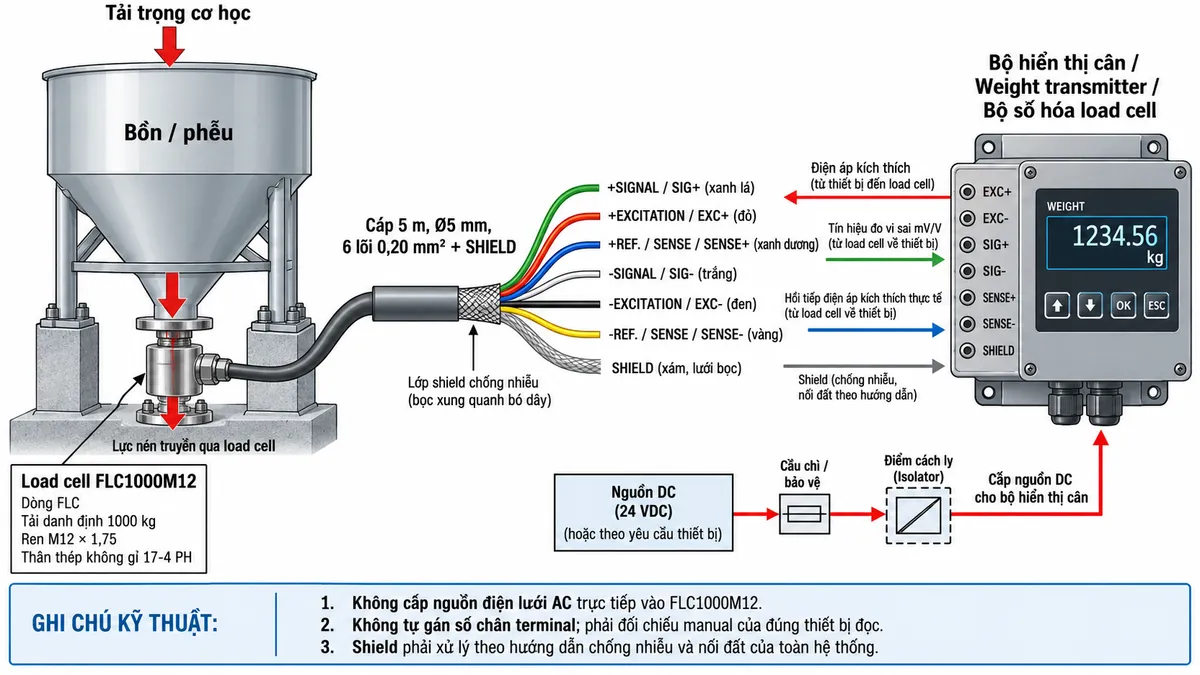 Vẽ sơ đồ đấu dây/kết nối kỹ thuật cho cảm biến lực nén Laumas FLC1000M12 trên nền trắng, bố cục ngang. Bên trái thể hiện bồn hoặc phễu truyền tải trọng cơ học xuống chân đỡ và qua load cell FLC1000M12. Ở giữa ghi rõ dòng FLC, tải danh định 1000 kg, ren M12 × 1,75, thân thép không gỉ 17-4 PH. Từ load cell vẽ cáp dài 5 m, đường kính 5 mm, gồm 6 lõi 0,20 mm² và shield tới bộ hiển thị cân, weight transmitter hoặc bộ số hóa load cell tương thích ở bên phải. Thể hiện +SIGNAL/SIG+ màu xanh lá, +EXCITATION/EXC+ màu đỏ, +REF./SENSE/SENSE+ màu xanh dương, -SIGNAL/SIG- màu trắng, -EXCITATION/EXC- màu đen, -REF./SENSE/SENSE- màu vàng và SHIELD. Dùng mũi tên chỉ EXC+/EXC- từ bộ điện tử cân tới load cell, SIG+/SIG- từ load cell về thiết bị xử lý và SENSE+/SENSE- hồi tiếp về thiết bị đọc. Vẽ riêng nguồn cấp phù hợp cho bộ hiển thị hoặc transmitter qua cầu chì hoặc thiết bị bảo vệ và điểm cách ly. Ghi chú không cấp nguồn điện lưới AC trực tiếp vào FLC1000M12, không tự gán số chân terminal mà phải đối chiếu manual của đúng thiết bị đọc, shield phải xử lý theo hướng dẫn chống nhiễu và nối đất của toàn hệ thống.