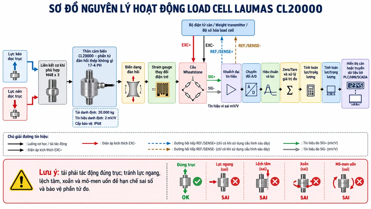 Vẽ sơ đồ đấu dây/kết nối kỹ thuật cho Laumas CL100000 trên nền trắng, bố cục ngang. Bên trái thể hiện hai tình huống “Lực kéo dọc trục” và “Lực nén dọc trục” truyền qua hai liên kết cơ khí hoặc khớp cầu có khả năng chịu tải phù hợp tới load cell CL100000 tải danh định 100.000 kg. Ở giữa thể hiện cảm biến CL100000 bằng thép không gỉ 17-4 PH, liên kết ren M64 x 4 và cáp load cell dài 5 m, đường kính 5 mm, 6 lõi x 0,14 mm² cùng shield. Bên phải vẽ bộ hiển thị cân, weight transmitter hoặc bộ số hóa load cell tương thích. Thể hiện +EXCITATION/EXC+ dây đỏ và -EXCITATION/EXC- dây đen từ thiết bị điện tử cân cấp điện áp kích thích tới load cell; +SIGNAL/SIG+ dây xanh lá và -SIGNAL/SIG- dây trắng truyền tín hiệu vi sai từ load cell về thiết bị; +REF./SENSE dây xanh dương và -REF./SENSE dây nâu hoặc vàng là đường hồi tiếp điện áp trong cấu hình sáu dây; thể hiện SHIELD và ghi chú nối shield theo manual thiết bị. Vẽ nguồn cấp phù hợp cho bộ hiển thị hoặc weight transmitter đi qua cầu chì hoặc thiết bị bảo vệ và điểm cách ly trước khi bảo trì; nguồn ngoài chỉ cấp cho thiết bị điện tử cân, load cell nhận kích thích qua EXC+/EXC-. Không tự gán số chân terminal phía thiết bị đọc nếu chưa đối chiếu manual. Ghi chú nổi bật: lực phải truyền đúng trục; tránh tải ngang, lệch tâm, xoắn và mô-men uốn; các khớp cầu, thanh truyền và kết cấu gá phải được tính toán phù hợp với tải trọng rất lớn của CL100000.