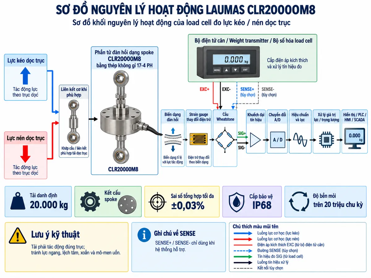 Vẽ sơ đồ đấu dây/kết nối kỹ thuật cho cảm biến lực kéo và nén Laumas CLR30000 trên nền trắng, bố cục ngang. Bên trái thể hiện hai trạng thái “Lực kéo dọc trục” và “Lực nén dọc trục”, tải truyền qua liên kết cơ khí hoặc khớp cầu phù hợp tới load cell CLR30000 ở giữa. Ghi rõ “CLR30000”, “Tải danh định: 30.000 kg”, “Thân: thép không gỉ 17-4 PH”, “Kết cấu: dạng spoke”. Từ load cell vẽ cáp tín hiệu sang “Bộ hiển thị cân / Weight transmitter / Bộ số hóa load cell” ở bên phải. Thể hiện EXC+ và EXC- là đường cấp điện áp kích thích từ bộ điện tử tới load cell; SIG+ và SIG- là tín hiệu vi sai từ load cell trở về bộ điện tử; nếu phiên bản cảm biến và thiết bị đọc hỗ trợ sense thì thể hiện SENSE+ và SENSE- dưới dạng tùy chọn; SHIELD thể hiện theo tài liệu kỹ thuật. Không tự gán màu dây, số chân terminal hoặc kiểu đầu nối khi chưa đối chiếu datasheet đúng phiên bản CLR30000. Phía dưới vẽ nguồn AC hoặc DC phù hợp cấp cho bộ điện tử cân qua cầu chì, MCB hoặc thiết bị bảo vệ tương ứng và công tắc cách ly; ghi rõ nguồn ngoài cấp cho bộ điện tử cân, không cấp trực tiếp vào dây tín hiệu load cell. Thêm ghi chú: tải phải truyền đúng trục; hạn chế lực ngang, lệch tâm, xoắn và mô-men uốn; cơ cấu gá, khớp nối và các chi tiết chịu lực phải được tính toán phù hợp với tải thực tế và hệ số an toàn của hệ thống.