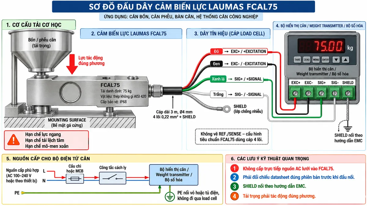 Vẽ sơ đồ đấu dây/kết nối kỹ thuật cho cảm biến lực dạng dầm uốn Laumas FCAL75 trên nền trắng, bố cục ngang. Bên trái thể hiện bồn, phễu cân, bàn cân hoặc cơ cấu máy truyền tải trọng đúng phương tới đầu nhận tải của FCAL75; vùng MOUNTING SURFACE của cảm biến được bắt chắc vào khung hoặc bề mặt gá cứng, có chú thích hạn chế lực ngang, tải lệch tâm và mô-men xoắn. Ở giữa vẽ load cell FCAL75 bằng thép không gỉ AISI 420, tải danh định 75 kg, IP68, từ cảm biến đi ra cáp dài 3 m, đường kính 4 mm, 4 lõi 0,22 mm² cùng SHIELD. Vẽ các dây sang bộ hiển thị cân, weight transmitter hoặc bộ số hóa ở bên phải: +EXCITATION/EXC+ màu đỏ từ thiết bị điện tử tới load cell, -EXCITATION/EXC- màu đen từ thiết bị tới load cell, +SIGNAL/SIG+ màu xanh lá từ load cell về thiết bị, -SIGNAL/SIG- màu trắng từ load cell về thiết bị và SHIELD nối theo hướng dẫn EMC. Không vẽ REF./SENSE vì cấu hình tiêu chuẩn FCAL75 sử dụng cáp 4 lõi. Vẽ riêng nguồn cấp phù hợp cho bộ điện tử cân qua cầu chì hoặc MCB và công tắc cách ly; PE nối vỏ hoặc tủ điện theo quy tắc an toàn, không đi qua load cell. Ghi chú rõ không cấp trực tiếp nguồn AC lưới vào FCAL75 và phải đối chiếu datasheet đúng phiên bản trước khi đấu nối.