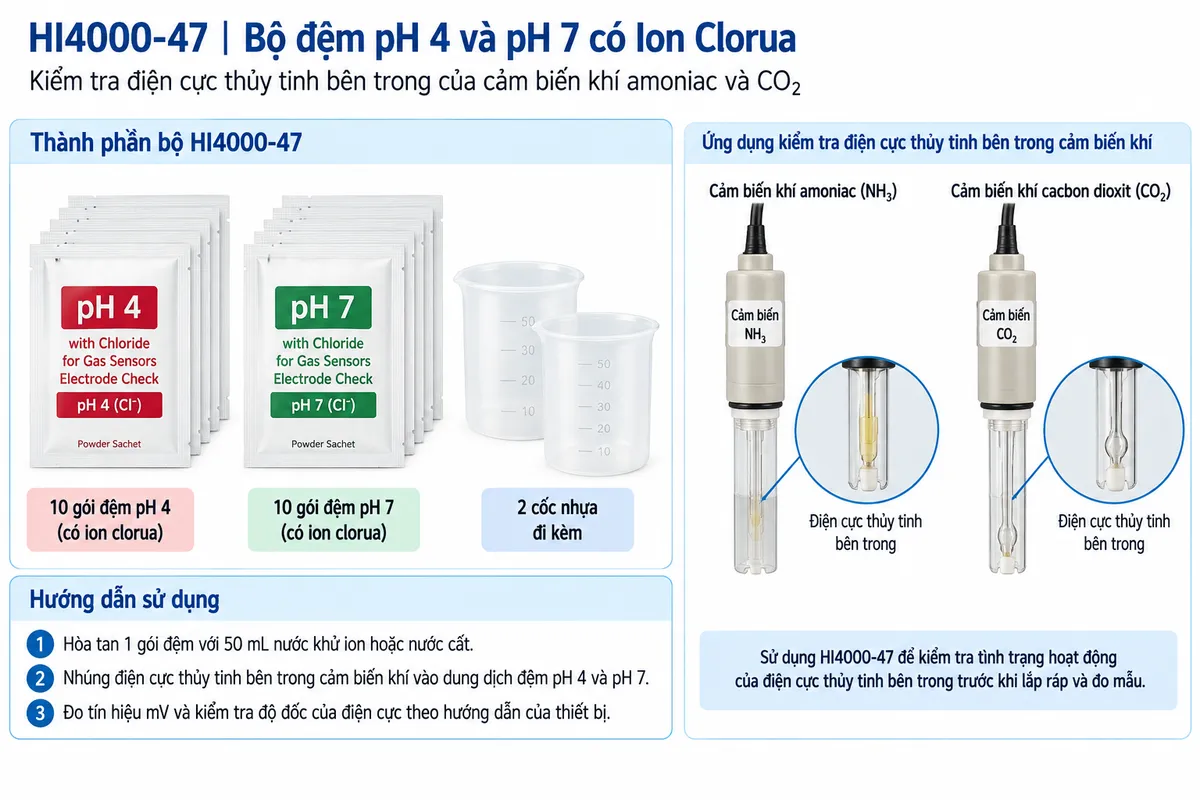 Sơ đồ thành phần bộ HI4000-47 gồm gói đệm pH 4, gói đệm pH 7 có nền ion clorua và hai cốc nhựa; minh họa điện cực thủy tinh bên trong cảm biến khí amoniac và CO2