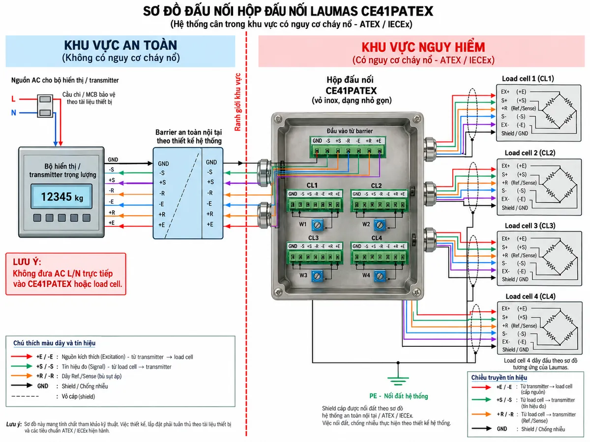 Sơ đồ đấu dây/kết nối kỹ thuật Laumas CE41PATEX trên nền trắng, bố cục ngang, chú thích tiếng Việt. Chia rõ bên trái “KHU VỰC AN TOÀN” và bên phải “KHU VỰC NGUY HIỂM”, có đường ranh giới. Trong khu vực an toàn đặt “Bộ hiển thị / transmitter trọng lượng”; nguồn AC riêng của thiết bị này đi qua cầu chì hoặc MCB bảo vệ theo tài liệu thiết bị. Giữa thiết bị cân và vùng nguy hiểm đặt “Barrier an toàn nội tại theo thiết kế hệ thống”; ghi cảnh báo “Không đưa AC L/N trực tiếp vào CE41PATEX hoặc load cell”. Từ barrier kéo cáp cân gồm GND, -S, +S, -R, -E, +R, +E sang CE41PATEX. Ở giữa khu vực nguy hiểm là hộp inox CE41PATEX dạng nhỏ gọn với đầu nối chung và bốn kênh CL1, CL2, CL3, CL4; mỗi nhóm thể hiện đúng các cực GND, -S, +S, -R, -E, +R, +E và điểm hiệu chỉnh cân bằng tương ứng W1, W2, W3, W4; không tự ghi giá trị điện trở của W1-W4 khi tài liệu model không công bố rõ. Bên phải bố trí 4 load cell cầu Wheatstone; minh họa cấu hình 6 dây gồm EX+/EX-, S+/S-, +R/-R Ref./Sense và shield/GND, đồng thời có ghi chú “Load cell 4 dây đấu theo sơ đồ tương ứng của Laumas”. Dùng mũi tên rõ chiều: excitation +E/-E từ transmitter → barrier → CE41PATEX → load cell; tín hiệu mV/V +S/-S từ load cell → W1-W4 → CE41PATEX → barrier → transmitter; +R/-R là Ref./Sense. Thể hiện shield và việc nối đất hệ thống an toàn nội tại theo sơ đồ ATEX/IECEx; không tự thêm khối chống sét/xung tích hợp hoặc Terminal EARTH riêng bên trong CE41PATEX nếu tài liệu model không thể hiện.