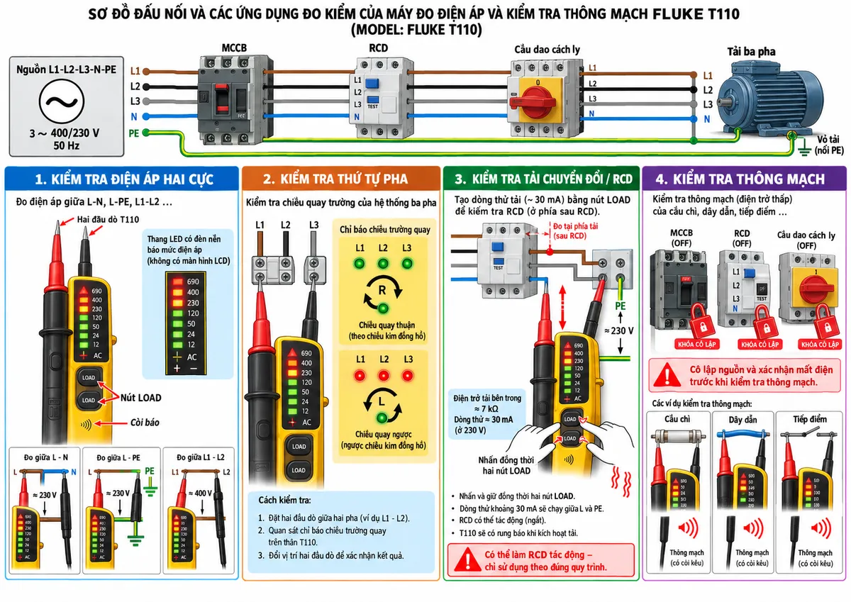 Sơ đồ đấu dây/kết nối kỹ thuật của Máy đo điện áp và kiểm tra thông mạch FLUKE T110 trên nền trắng, bố cục ngang, phong cách điện công nghiệp. Bên trái là nguồn L1-L2-L3-N-PE đi qua MCCB, RCD và cầu dao cách ly tới tải ba pha; PE nối trực tiếp tới vỏ tải và không đi qua thiết bị kiểm tra. Đặt FLUKE T110 ở trung tâm với hai đầu dò cố định. Nhánh 1 kiểm tra điện áp hai cực: đặt hai đầu dò lần lượt giữa L-N, L-PE và L1-L2, thể hiện thang LED có đèn nền báo mức điện áp, không có màn hình LCD. Nhánh 2 kiểm tra thứ tự pha: đặt hai đầu dò giữa các pha của nguồn ba pha và thể hiện chỉ báo chiều trường quay. Nhánh 3 kiểm tra tải chuyển đổi/RCD: hai đầu dò nối L-PE phía sau RCD, nhấn đồng thời hai nút LOAD để đưa tải khoảng 7 kΩ vào mạch và tạo dòng khoảng 30 mA tại 230 V, đồng thời thể hiện phản hồi rung; kèm cảnh báo “Có thể làm RCD tác động – chỉ sử dụng theo đúng quy trình”. Nhánh 4 kiểm tra thông mạch: MCCB và cầu dao OFF, thực hiện cô lập nguồn và xác nhận mất điện trước khi nối hai đầu dò vào cầu chì, dây dẫn hoặc tiếp điểm. Thể hiện rõ L1-L2-L3-N-PE, MCCB, RCD, cầu dao cách ly, tải, hai đầu dò T110, nút LOAD, còi báo và chiều dòng thử; chú thích hoàn toàn bằng tiếng Việt, không logo.
