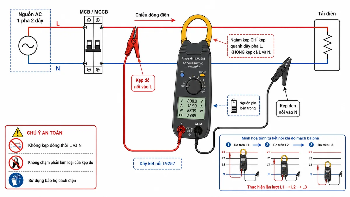 Vẽ sơ đồ đấu dây và kết nối Ampe kìm HIOKI CM3286 khi đo công suất AC một pha hai dây, nền trắng, bố cục ngang, nhãn tiếng Việt; thể hiện nguồn điện AC, MCB hoặc MCCB bảo vệ, dây pha L, dây trung tính N và tải điện; dây kết nối L9257 từ cổng V và COM của CM3286, kẹp đỏ nối vào L, kẹp đen nối vào N; ngàm ampe kìm chỉ kẹp quanh một dây pha L, có mũi tên chiều dòng điện từ phía nguồn sang phía tải; thể hiện nguồn pin bên trong thiết bị và màn hình hiển thị V, A, W, PF; thêm chú thích an toàn không kẹp đồng thời L và N, không chạm phần kim loại của kẹp đo, sử dụng bảo hộ cách điện; có hình nhỏ minh họa trình tự kết nối khi đo mạch ba pha nhưng không làm rối sơ đồ chính.