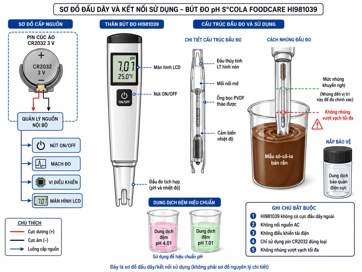 Vẽ sơ đồ đấu dây và kết nối sử dụng Bút Đo pH S°Cola Foodcare Hanna HI981039, nền trắng, bố cục ngang, nhãn tiếng Việt, phong cách kỹ thuật đo lường. Thể hiện pin CR2032 3 V với cực dương và cực âm tiếp xúc khoang pin, đi qua khối quản lý nguồn nội bộ để cấp cho nút ON/OFF, mạch đo, vi điều khiển và màn hình LCD. Phần đầu đo tích hợp gồm đầu thủy tinh LT hình nón, mối nối mở, ống bọc PVDF tháo được và cảm biến nhiệt độ, được nhúng đến mức khuyến nghị trong cốc mẫu sô-cô-la bán rắn. Vẽ thêm nắp bảo vệ có dung dịch bảo quản điện cực, dung dịch đệm pH 4.01 và pH 7.01 dùng khi hiệu chuẩn. Ghi chú rõ HI981039 không có cực đấu dây ngoài, không nối nguồn AC, không điều khiển tải điện, không nhúng vượt vạch tối đa và chỉ sử dụng pin CR2032 đúng loại.