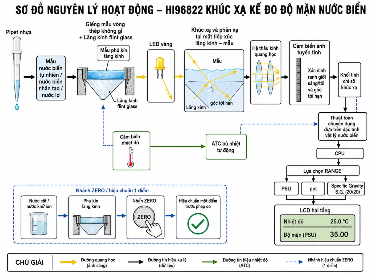Sơ đồ nguyên lý hoạt động Hanna HI96822 dạng block diagram kỹ thuật trên nền trắng: pipet nhựa nhỏ mẫu nước biển tự nhiên/nước biển nhân tạo/nước lợ vào giếng mẫu vòng thép không gỉ → mẫu phủ kín lăng kính flint glass → LED vàng phát ánh sáng qua lăng kính → khúc xạ và phản xạ tại mặt tiếp xúc lăng kính–mẫu → hệ thấu kính quang học → cảm biến ảnh tuyến tính xác định ranh giới sáng/tối và góc tới hạn → khối tính chỉ số khúc xạ. Từ cảm biến nhiệt độ tạo nhánh vào khối ATC bù nhiệt tự động → thuật toán chuyên dụng dựa trên đặc tính vật lý nước biển → CPU; từ CPU qua lựa chọn RANGE tách thành ba thang PSU, ppt và Specific Gravity S.G. (20/20) → LCD hai tầng hiển thị độ mặn và nhiệt độ. Bổ sung nhánh ZERO: nước cất/nước khử ion → phủ kín lăng kính → nhấn ZERO → hiệu chuẩn một điểm trước phép đo.