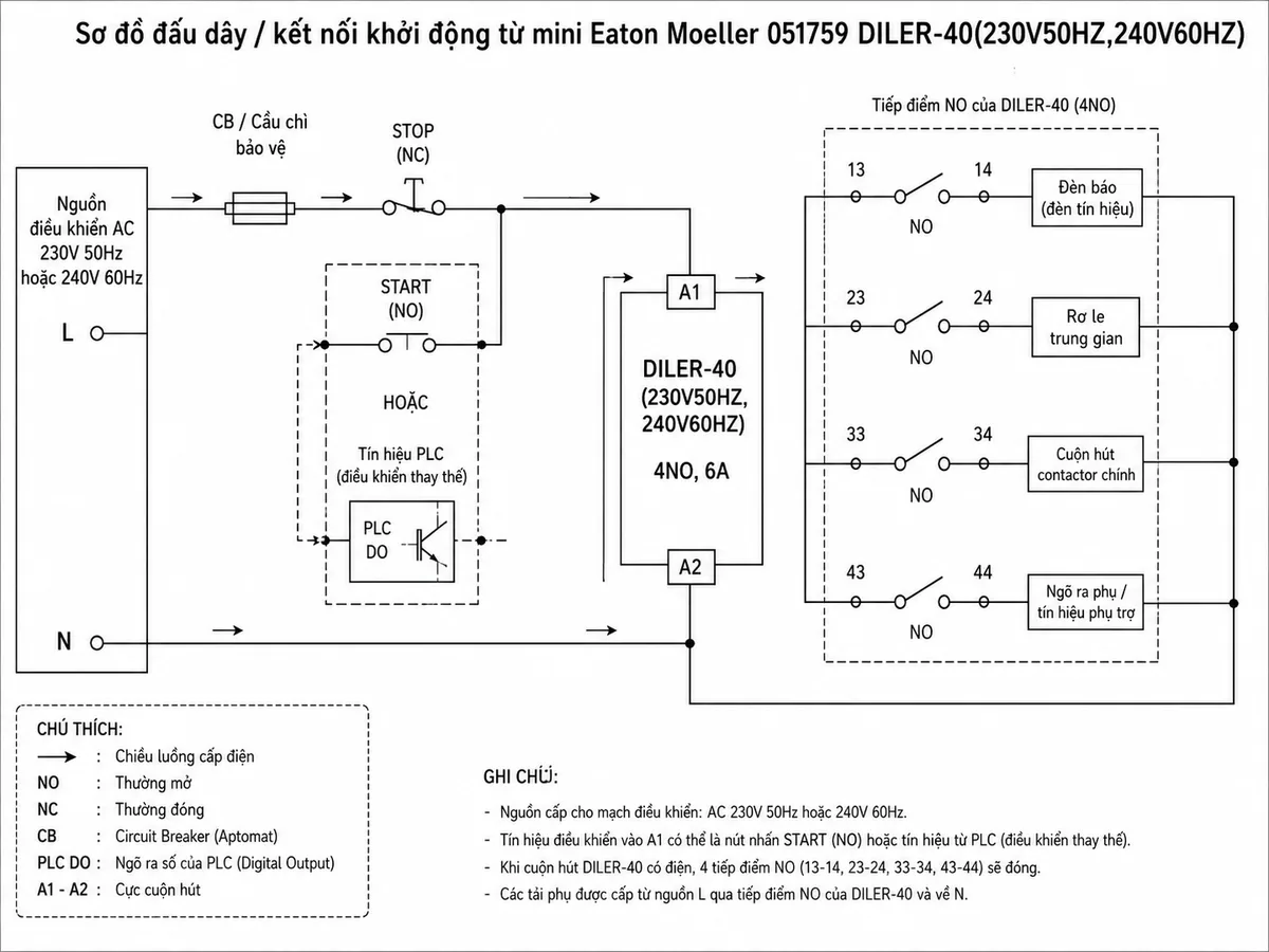 Sơ đồ nguyên lý hoạt động khởi động từ mini Eaton Moeller 051759 DILER-40(230V50HZ,240V60HZ): thể hiện các khối chức năng gồm nguồn AC 230V 50Hz/240V 60Hz, CB/cầu chì, nút nhấn hoặc tín hiệu PLC, cuộn hút A1-A2, lõi từ điện từ, lò xo hồi vị, cụm 4 tiếp điểm NO và các tải điều khiển phụ; dùng mũi tên mô tả luồng cấp điện cho cuộn hút, tạo từ trường hút lõi từ, đóng 4 tiếp điểm NO, truyền tín hiệu điều khiển và tự hồi về mở tiếp điểm khi mất điện; phong cách sơ đồ kỹ thuật điện công nghiệp sạch, nền trắng, chú thích tiếng Việt