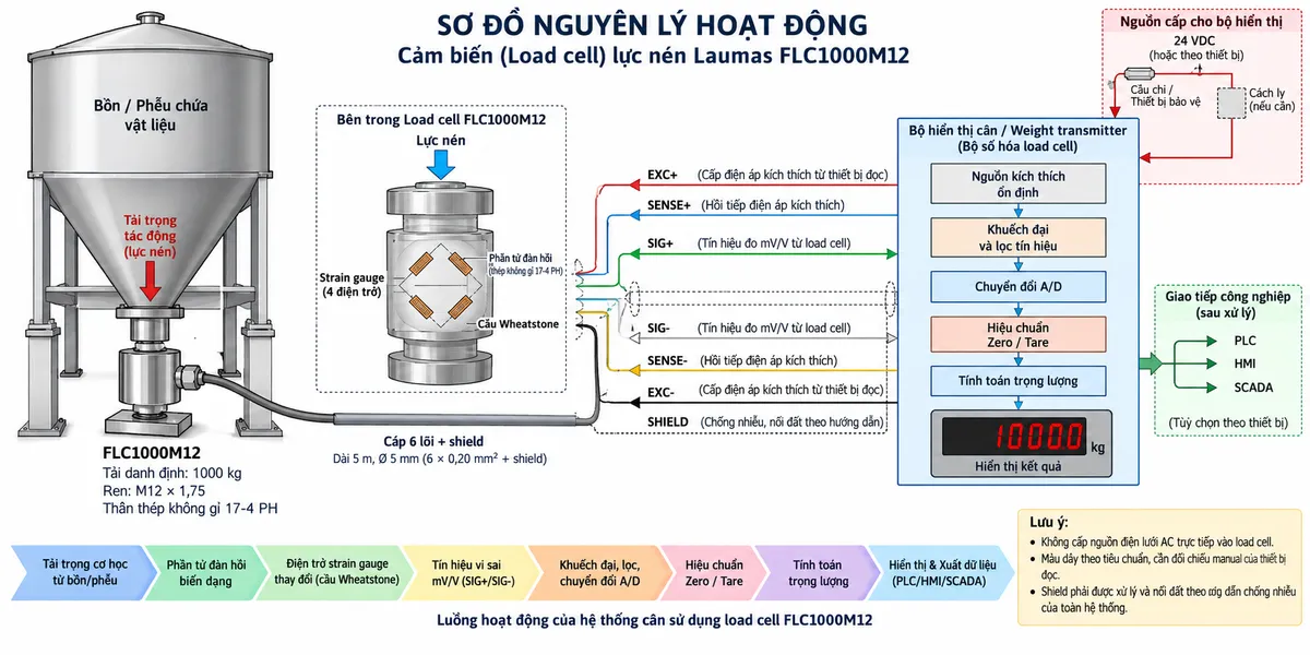 Vẽ sơ đồ nguyên lý hoạt động dạng khối cho cảm biến lực nén Laumas FLC1000M12 trên nền trắng, bố cục ngang. Bắt đầu từ bồn hoặc phễu tạo tải trọng cơ học truyền xuống chân đỡ và tác động lực nén lên FLC1000M12 tải danh định 1000 kg. Bên trong load cell thể hiện phần tử đàn hồi bằng thép không gỉ 17-4 PH và bốn strain gauge mắc thành cầu Wheatstone. Từ bộ hiển thị cân hoặc weight transmitter vẽ EXC+/EXC- cấp điện áp kích thích vào cầu đo và SENSE+/SENSE- hồi tiếp điện áp kích thích thực tế về thiết bị đọc. Khi tải thay đổi, phần tử đàn hồi biến dạng làm điện trở strain gauge thay đổi và sinh tín hiệu vi sai SIG+/SIG- dạng mV/V. Tín hiệu tiếp tục qua các khối khuếch đại và lọc, chuyển đổi A/D, hiệu chuẩn, Zero/Tare, tính toán trọng lượng rồi tới màn hình hiển thị. Nếu bộ điện tử cân hỗ trợ giao tiếp công nghiệp, thêm nhánh dữ liệu số sau xử lý tới PLC/HMI/SCADA. Dùng mũi tên và chú thích tiếng Việt để phân biệt luồng lực cơ học, điện áp kích thích, hồi tiếp sense, tín hiệu đo mV/V và dữ liệu số sau xử lý.