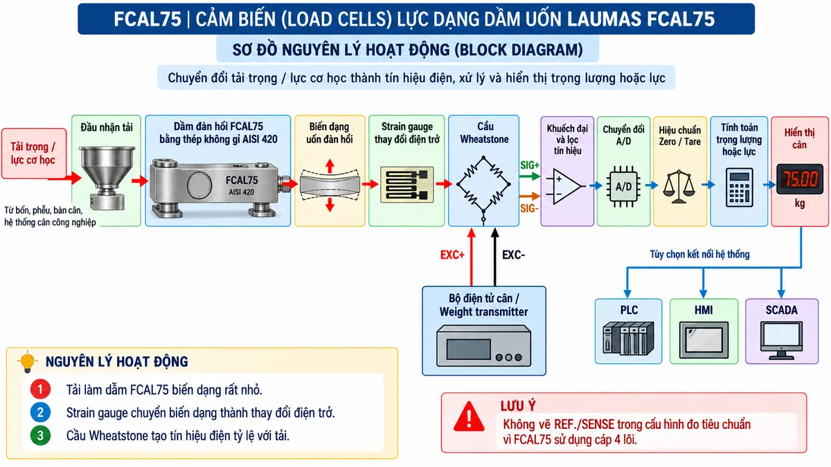 Vẽ sơ đồ nguyên lý hoạt động dạng khối cho Laumas FCAL75 trên nền trắng, bố cục ngang. Thể hiện luồng từ trái sang phải: “Tải trọng / lực cơ học” → “Đầu nhận tải” → “Dầm đàn hồi FCAL75 bằng thép không gỉ AISI 420” → “Biến dạng uốn đàn hồi” → “Strain gauge thay đổi điện trở” → “Cầu Wheatstone”. Từ khối “Bộ điện tử cân / Weight transmitter” vẽ EXC+ và EXC- cấp điện áp kích thích tới cầu Wheatstone. Từ cầu Wheatstone vẽ SIG+ và SIG- mang tín hiệu vi sai mV/V → “Khuếch đại và lọc tín hiệu” → “Chuyển đổi A/D” → “Hiệu chuẩn / Zero / Tare” → “Tính toán trọng lượng hoặc lực” → “Hiển thị cân”. Không vẽ REF./SENSE trong đường đo tiêu chuẩn vì FCAL75 sử dụng cấu hình cáp 4 lõi. Từ bộ xử lý vẽ nhánh tùy chọn tới PLC, HMI và SCADA khi sử dụng weight transmitter hoặc thiết bị điện tử cân có giao tiếp tương thích. Bổ sung chú thích nguyên lý: tải làm dầm FCAL75 biến dạng rất nhỏ; strain gauge chuyển biến dạng thành thay đổi điện trở; cầu Wheatstone tạo tín hiệu điện tỷ lệ với tải.