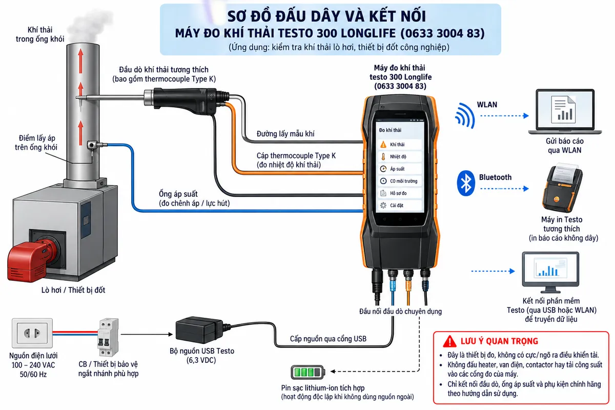 Vẽ sơ đồ nguyên lý hoạt động dạng khối cho máy đo khí thải testo 300 Longlife mã 0633 3004 83 trên nền trắng, bố cục ngang. Luồng chính: lò hơi/thiết bị đốt → khí thải trong ống khói → đầu dò khí thải tương thích → thermocouple đo nhiệt độ và đường lấy mẫu khí → bộ lọc/đường xử lý mẫu → bơm lấy mẫu → cảm biến O2 Longlife và cảm biến CO bù H2 → hệ thống pha loãng khí tươi và bảo vệ cảm biến tự động → điều hòa tín hiệu/chuyển đổi A-D → bộ vi xử lý testo 300 Longlife. Vẽ thêm nhánh cảm biến áp suất/lực hút đi vào bộ xử lý khi thực hiện phép đo tương ứng. Từ dữ liệu O2, CO, nhiệt độ khí thải, áp suất và loại nhiên liệu đã chọn, thể hiện khối tính toán các đại lượng đánh giá quá trình cháy → hiển thị Smart-Touch → lưu báo cáo PDF → WLAN gửi báo cáo hoặc Bluetooth tới máy in Testo tương thích.