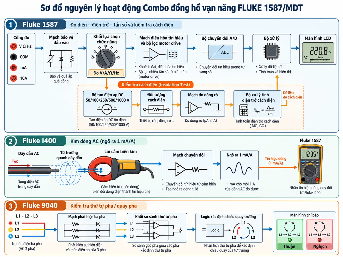 Sơ đồ nguyên lý hoạt động của Máy đo điện áp và kiểm tra thông mạch FLUKE T110 trên nền trắng, bố cục ngang. Bên trái là hai đầu dò đi vào khối bảo vệ quá áp và hạn dòng. Nhánh chính đi qua mạng trở kháng đầu vào khoảng 200 kΩ tới khối nhận biết AC/DC và cực tính, mạch phát hiện mức điện áp rồi tới thang LED có đèn nền; nhấn mạnh T110 không có màn hình LCD và không có chức năng đo điện trở chuyên dụng. Giữa hai đầu dò bố trí nhánh tải chuyển đổi khoảng 7 kΩ, được đóng khi nhấn đồng thời hai nút LOAD, tạo dòng khoảng 30 mA tại 230 V, kích hoạt phản hồi rung và hỗ trợ loại bỏ điện áp ảo hoặc thử RCD. Nhánh dùng 2 pin AAA cấp nguồn cho mạch kiểm tra thông mạch, còi báo có thể bật/tắt và đèn pin tích hợp. Bổ sung khối kiểm tra pha một cực, khối nhận biết cực tính và khối xử lý thứ tự pha ba pha 100-690 V. Thể hiện thêm đường chỉ báo điện áp hoạt động theo thiết kế IEC EN 61243-3 để hỗ trợ xác minh trạng thái điện áp ngay cả khi pin bị xả. Dùng mũi tên thể hiện rõ luồng tín hiệu từ hai đầu dò qua bảo vệ, phát hiện và xử lý tới LED, còi và rung; toàn bộ chú thích tiếng Việt, nền trắng, phong cách sơ đồ kỹ thuật điện công nghiệp, không logo.