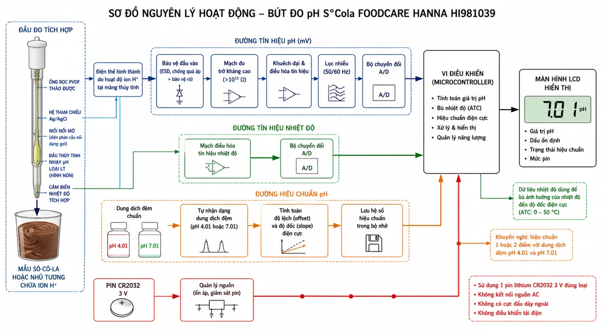 Vẽ sơ đồ nguyên lý hoạt động dạng khối của Bút Đo pH S°Cola Foodcare Hanna HI981039, nền trắng, bố cục ngang, nhãn tiếng Việt và phong cách kỹ thuật đo lường. Luồng chính bắt đầu từ mẫu sô-cô-la hoặc nhũ tương chứa ion H+, đi tới đầu thủy tinh nhạy pH loại LT hình nón và hệ tham chiếu Ag/AgCl qua mối nối mở với điện phân cầu nối dạng gel; thể hiện ống bọc PVDF tháo được bao quanh đầu dò. Tín hiệu điện thế mV đi qua bảo vệ đầu vào, mạch trở kháng cao, khuếch đại và điều hòa tín hiệu, lọc nhiễu, bộ chuyển đổi A/D, vi điều khiển rồi tới màn hình LCD hiển thị pH. Vẽ nhánh từ cảm biến nhiệt độ tích hợp qua mạch điều hòa và A/D tới vi điều khiển để bù nhiệt độ tự động. Bổ sung nhánh hiệu chuẩn từ dung dịch đệm pH 4.01 và pH 7.01 tới khối tự nhận dạng dung dịch đệm, tính độ lệch và độ dốc điện cực; thêm nhánh nguồn từ pin CR2032 qua quản lý nguồn tới toàn bộ mạch.