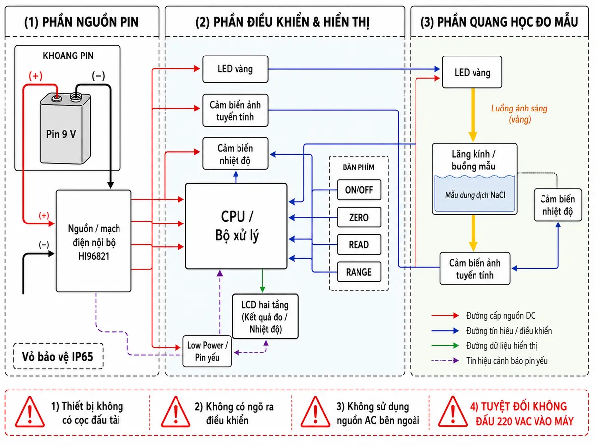 Vẽ sơ đồ đấu dây/kết nối của khúc xạ kế Hanna HI96821 trên nền trắng dạng kỹ thuật ngang: pin 9 V đặt trong khoang pin, thể hiện rõ cực (+) và cực (−) nối vào khối nguồn/mạch điện nội bộ của HI96821; từ mạch nguồn tách các nhánh cấp cho LED vàng, cảm biến ảnh tuyến tính, cảm biến nhiệt độ, CPU và LCD hai tầng. Thể hiện các phím ON/OFF, ZERO, READ và RANGE kết nối với CPU. Ghi rõ thiết bị không có cọc đấu tải, không có ngõ ra điều khiển và không sử dụng nguồn AC bên ngoài; tuyệt đối không đấu 220 VAC vào máy. Bổ sung nhãn vỏ bảo vệ IP65 và chỉ báo pin yếu/Low Power. Sơ đồ phải phân biệt rõ phần nguồn pin với phần quang học đo mẫu.