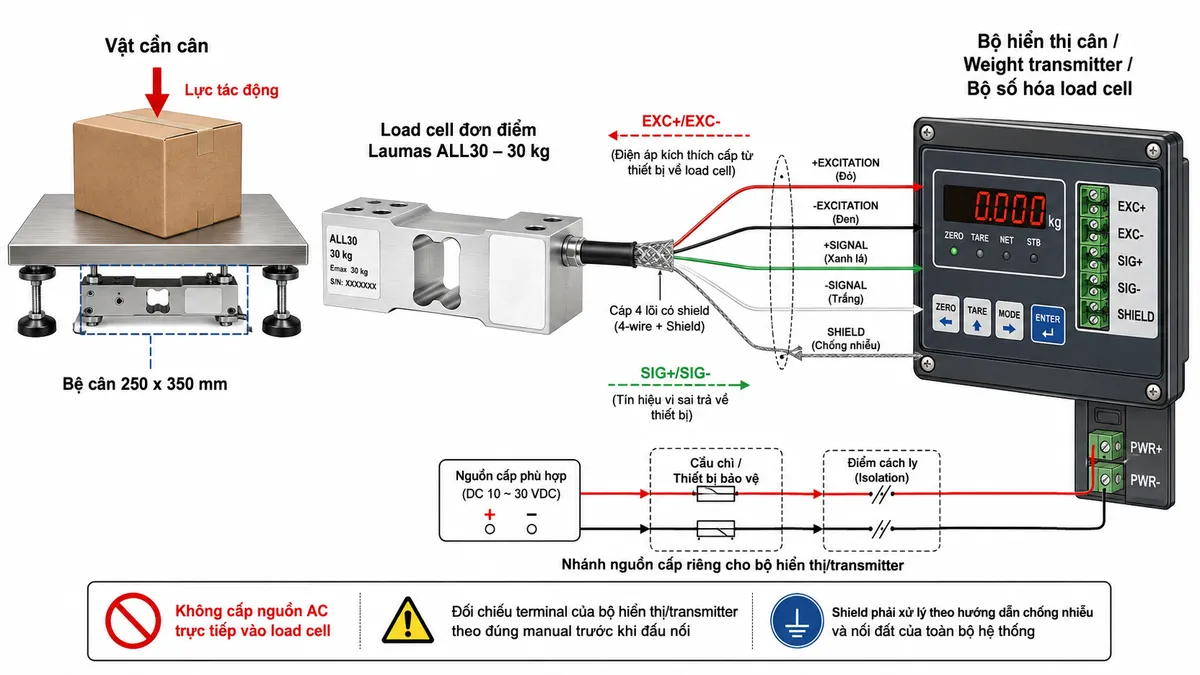 Vẽ sơ đồ đấu dây/kết nối kỹ thuật cho cảm biến load cell đơn điểm Laumas ALL50 trên nền trắng, bố cục ngang. Bên trái thể hiện vật cần cân tác động xuống bệ cân 250 x 350 mm; lực truyền tới load cell single-point ALL50 tải danh định 50 kg ở giữa, thân bằng hợp kim nhôm. Từ ALL50 vẽ cáp 4 lõi có shield theo datasheet dòng ALL: +EXCITATION màu đỏ, -EXCITATION màu đen, +SIGNAL màu xanh lá, -SIGNAL màu trắng và SHIELD; nối sang bộ hiển thị cân, weight transmitter hoặc bộ số hóa load cell tương thích ở bên phải. Thể hiện rõ mũi tên EXC+/EXC- từ thiết bị điện tử cân tới load cell và mũi tên SIG+/SIG- từ load cell về thiết bị xử lý. Không cấp nguồn AC trực tiếp vào ALL50. Vẽ riêng nguồn cấp phù hợp của bộ hiển thị/transmitter đi qua cầu chì hoặc thiết bị bảo vệ và điểm cách ly trước khi vào thiết bị. Ghi chú: đối chiếu terminal của bộ hiển thị/transmitter theo đúng manual trước khi đấu nối; shield phải xử lý theo hướng dẫn chống nhiễu và nối đất của toàn bộ hệ thống.