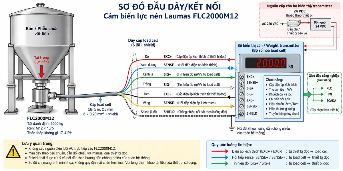 Vẽ sơ đồ đấu dây/kết nối kỹ thuật cho cảm biến lực nén Laumas FLC2000M12 trên nền trắng, bố cục ngang. Bên trái thể hiện bồn hoặc phễu truyền lực cơ học xuống chân đỡ và qua load cell FLC2000M12. Ở giữa thể hiện thân load cell dòng FLC và cáp sáu lõi có shield đi sang bộ hiển thị cân, weight transmitter hoặc bộ số hóa load cell ở bên phải. Thể hiện rõ +SIGNAL/SIG+ màu xanh lá, +EXCITATION/EXC+ màu đỏ, +REF./SENSE/SENSE+ màu xanh dương, -SIGNAL/SIG- màu trắng, -EXCITATION/EXC- màu đen, -REF./SENSE/SENSE- màu vàng và SHIELD. Dùng mũi tên chỉ EXC+/EXC- từ thiết bị điện tử cân tới load cell, SIG+/SIG- từ load cell về thiết bị xử lý và SENSE+/SENSE- hồi tiếp điện áp kích thích thực tế về thiết bị đọc. Vẽ riêng nguồn cấp cho bộ hiển thị hoặc transmitter đi qua cầu chì hoặc thiết bị bảo vệ và điểm cách ly. Ghi chú không cấp nguồn điện lưới AC trực tiếp vào FLC2000M12, không tự gán số chân terminal mà phải đối chiếu manual của đúng thiết bị đọc, shield phải được xử lý theo hướng dẫn chống nhiễu và nối đất của toàn hệ thống.