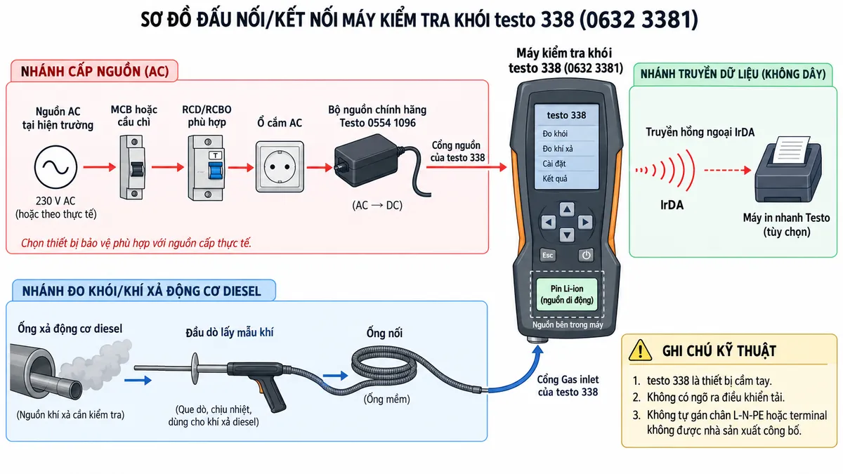 Vẽ sơ đồ đấu nối/kết nối kỹ thuật cho Máy kiểm tra khói testo 338 mã 0632 3381 trên nền trắng, bố cục ngang. Thể hiện nguồn điện AC tại hiện trường đi qua MCB hoặc cầu chì và RCD/RCBO phù hợp → ổ cắm → bộ nguồn chính hãng Testo 0554 1096 → cổng nguồn của testo 338; bên trong máy thể hiện pin Li-ion làm nguồn di động. Nhánh đo: ống xả động cơ diesel → đầu dò lấy mẫu khí → ống nối → cổng Gas inlet của testo 338. Vẽ thêm cổng/đường truyền hồng ngoại IrDA từ testo 338 tới máy in nhanh Testo tùy chọn. Ghi rõ testo 338 là thiết bị cầm tay, không có ngõ ra điều khiển tải, không tự gán chân L-N-PE hoặc terminal không được nhà sản xuất công bố.