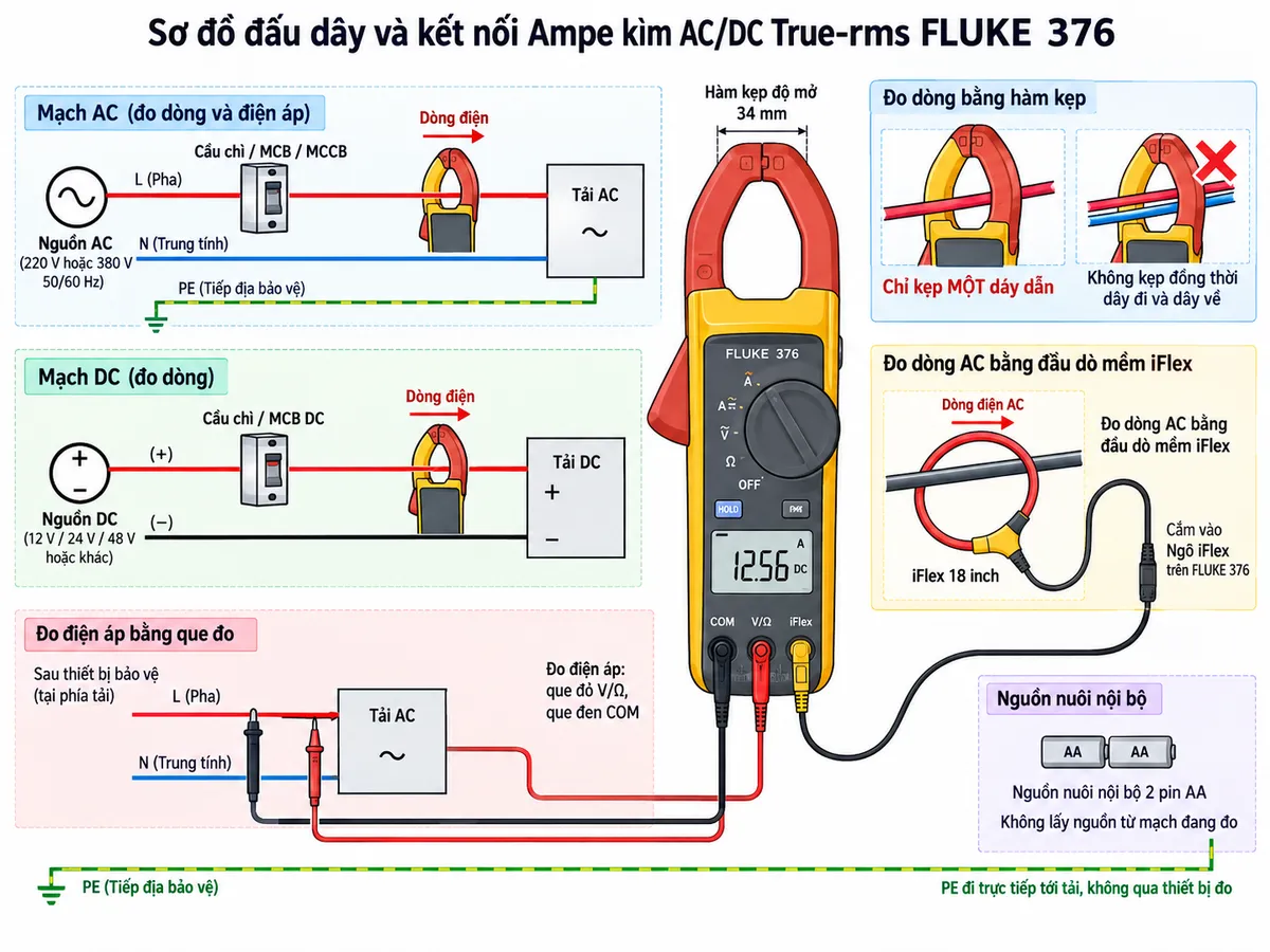 Sơ đồ đấu dây và kết nối Ampe kìm AC/DC True-rms FLUKE 376 trên nền trắng, bố cục ngang, chú thích tiếng Việt. Thể hiện nguồn AC hoặc DC đi qua thiết bị bảo vệ cầu chì/MCB/MCCB rồi tới tải; khi đo dòng, chỉ một dây dẫn pha hoặc dây DC đi xuyên qua hàm kẹp độ mở 34 mm của FLUKE 376, không kẹp đồng thời cả dây đi và dây về. Vẽ thêm nhánh đo dòng AC bằng đầu dò mềm iFlex 18 inch quấn quanh một dây dẫn rồi kết nối vào ngõ iFlex của FLUKE 376. Nhánh đo điện áp thể hiện que đỏ nối cổng V/Ω và que đen nối COM, đặt song song giữa hai điểm cần đo ở phía tải sau thiết bị bảo vệ. Thể hiện FLUKE 376 dùng nguồn nuôi nội bộ 2 pin AA, không lấy nguồn vận hành từ mạch đang đo; dây PE đi trực tiếp tới tải và không đi qua thiết bị đo.