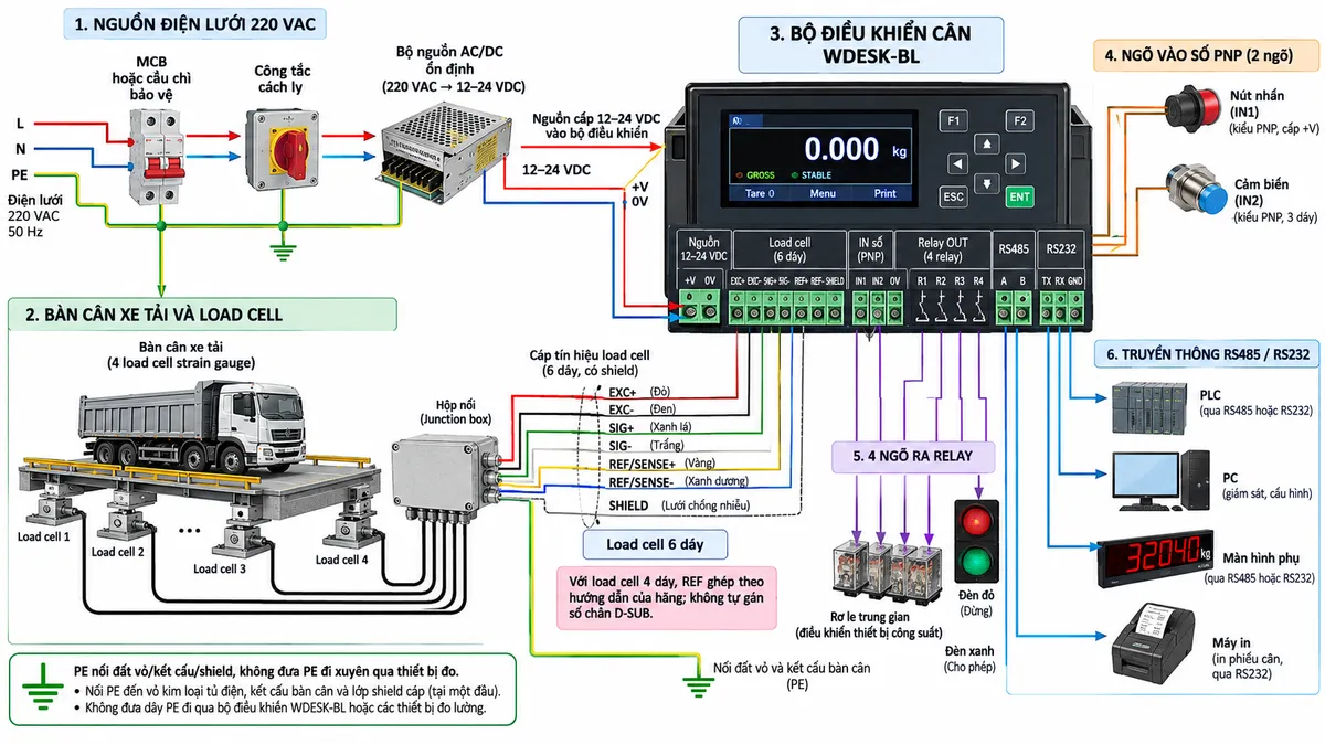 Sơ đồ đấu dây/kết nối Bộ điều khiển cân Laumas WDESK-BL trên nền trắng dạng ngang: bên trái là nguồn điện lưới L-N-PE đi qua MCB hoặc cầu chì bảo vệ và công tắc cách ly tới bộ nguồn AC/DC ổn định, sau đó cấp 12–24 VDC cho WDESK-BL; PE nối đất vỏ kim loại, kết cấu cân và shield theo nguyên tắc nối đất, không đưa PE đi xuyên qua thiết bị đo. Phần cân gồm bàn cân xe đặt trên nhiều load cell strain gauge, các load cell nối về junction box rồi tới đầu vào load cell WDESK-BL với các đường EXC+/EXC-, SIG+/SIG-, REF/SENSE+/REF/SENSE- khi dùng load cell 6 dây và SHIELD; với load cell 4 dây thể hiện REF ghép theo hướng dẫn của hãng nhưng không tự gán số chân D-SUB. Từ WDESK-BL thể hiện 2 ngõ vào số PNP nối nút nhấn/cảm biến, 4 relay output điều khiển relay trung gian hoặc đèn giao thông, các cổng RS485/RS232 nối PLC/PC/màn hình phụ/máy in; dùng mũi tên và nhãn rõ chiều nguồn, tín hiệu cân và tín hiệu điều khiển.