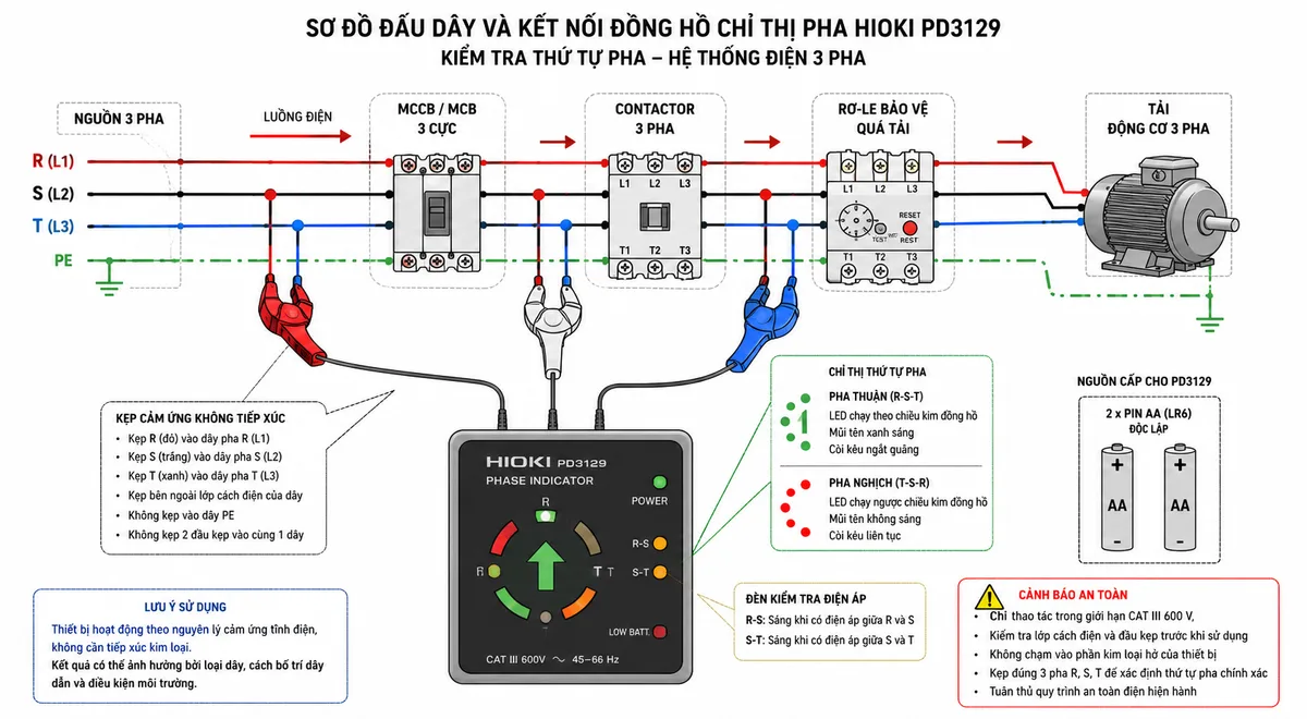 Vẽ sơ đồ đấu dây và kết nối của Đồng hồ chỉ thị pha HIOKI PD3129 trên hệ thống điện ba pha, nền trắng, bố cục ngang, nhãn tiếng Việt. Thể hiện nguồn ba pha R-S-T đi qua MCCB hoặc MCB ba cực, contactor và rơ-le bảo vệ quá tải trước khi cấp cho tải là động cơ ba pha. Ba đầu kẹp cảm ứng không tiếp xúc của PD3129 gồm kẹp R màu đỏ, kẹp S màu trắng và kẹp T màu xanh được gắn bên ngoài lớp cách điện của từng dây pha tương ứng; tuyệt đối không kẹp vào dây PE và không để hai đầu kẹp cùng một dây. Thể hiện PD3129 dùng hai pin AA độc lập, các đèn kiểm tra điện áp R-S và S-T, mũi tên chỉ thứ tự pha, đồng thời vẽ mũi tên luồng điện từ nguồn qua thiết bị bảo vệ đến tải. Bổ sung cảnh báo chỉ thao tác trong giới hạn CAT III 600 V, kiểm tra lớp cách điện và đầu kẹp trước khi sử dụng.