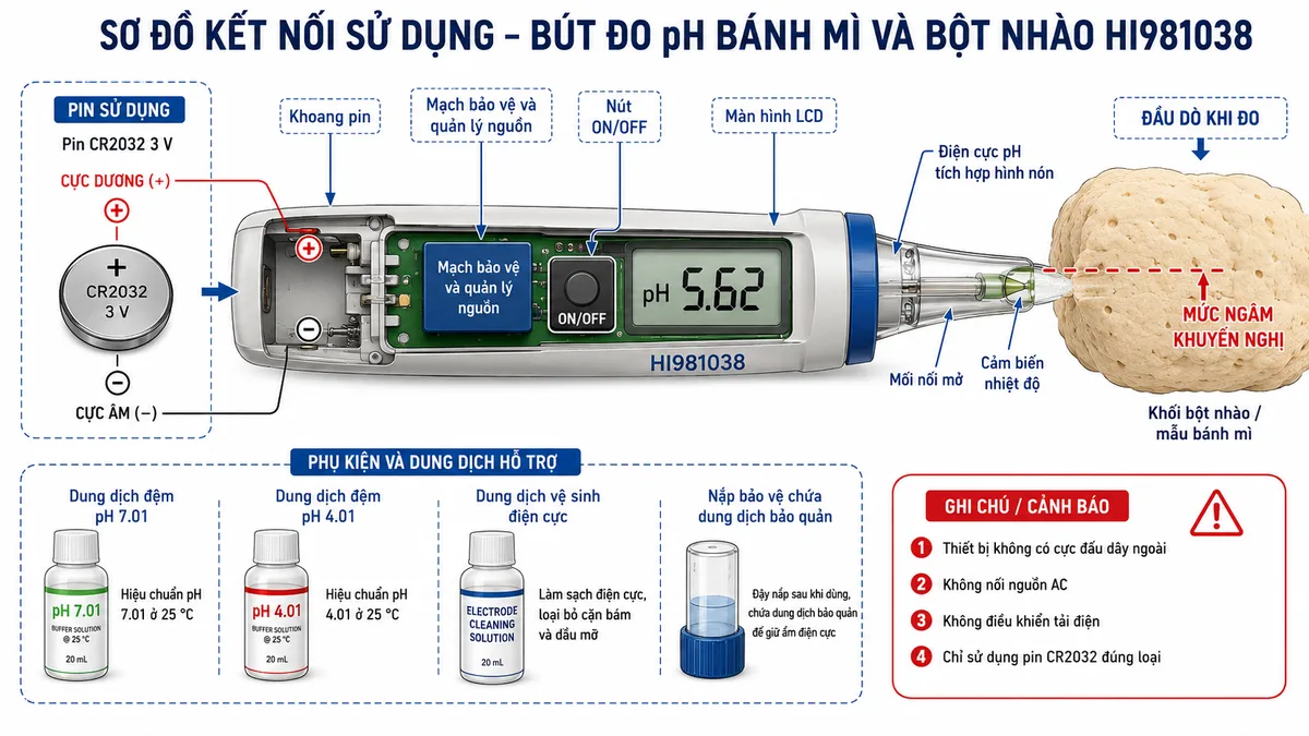 Sơ đồ kết nối sử dụng Bút Đo pH Bánh Mì Và Bột Nhào Foodcare Hanna HI981038, nền trắng, bố cục ngang và nhãn tiếng Việt; thể hiện pin CR2032 3 V với cực dương và cực âm nối vào tiếp điểm khoang pin, mạch bảo vệ và quản lý nguồn bên trong thân bút, nút ON/OFF, màn hình LCD, điện cực pH tích hợp hình nón, mối nối mở và cảm biến nhiệt độ; đầu dò được cắm đến mức ngâm khuyến nghị trong khối bột nhào hoặc mẫu bánh mì; bên cạnh có cốc dung dịch đệm pH 7.01, pH 4.01, dung dịch vệ sinh điện cực và nắp bảo vệ chứa dung dịch bảo quản; ghi chú rõ thiết bị không có cực đấu dây ngoài, không nối nguồn AC, không điều khiển tải điện và chỉ sử dụng pin CR2032 đúng loại