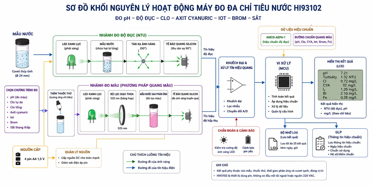 Vẽ sơ đồ khối nguyên lý hoạt động của Hanna HI93102 trên nền trắng, bố cục ngang. Luồng bắt đầu từ cuvet chứa mẫu nước và chia thành hai nhánh. Nhánh độ đục gồm LED xanh lục phát sáng vào mẫu, các hạt lơ lửng gây tán xạ, bộ thu silicon ở góc 90 độ nhận ánh sáng tán xạ và tạo tín hiệu độ đục. Nhánh đo màu gồm chọn chương trình pH, clo tự do, clo tổng, axit cyanuric, iot, brom hoặc sắt thang thấp; thêm thuốc thử tương ứng vào mẫu; phản ứng tạo màu; ánh sáng xanh lục đi qua bộ lọc giao thoa 525 nm và cuvet; tế bào quang silicon đo ánh sáng truyền qua và độ hấp thụ. Hai nhánh đi vào khối khuếch đại và xử lý tín hiệu quang, vi xử lý áp dụng dữ liệu hiệu chuẩn AMCO-AEPA-1 hoặc đường chuẩn quang màu, khối chẩn đoán cường độ sáng và cảnh báo pin, sau đó xuất kết quả NTU, pH hoặc mg/L lên LCD; đồng thời truyền sang bộ nhớ LOG lưu tối đa 25 kết quả kèm ngày giờ và khối GLP lưu thông tin hiệu chuẩn.