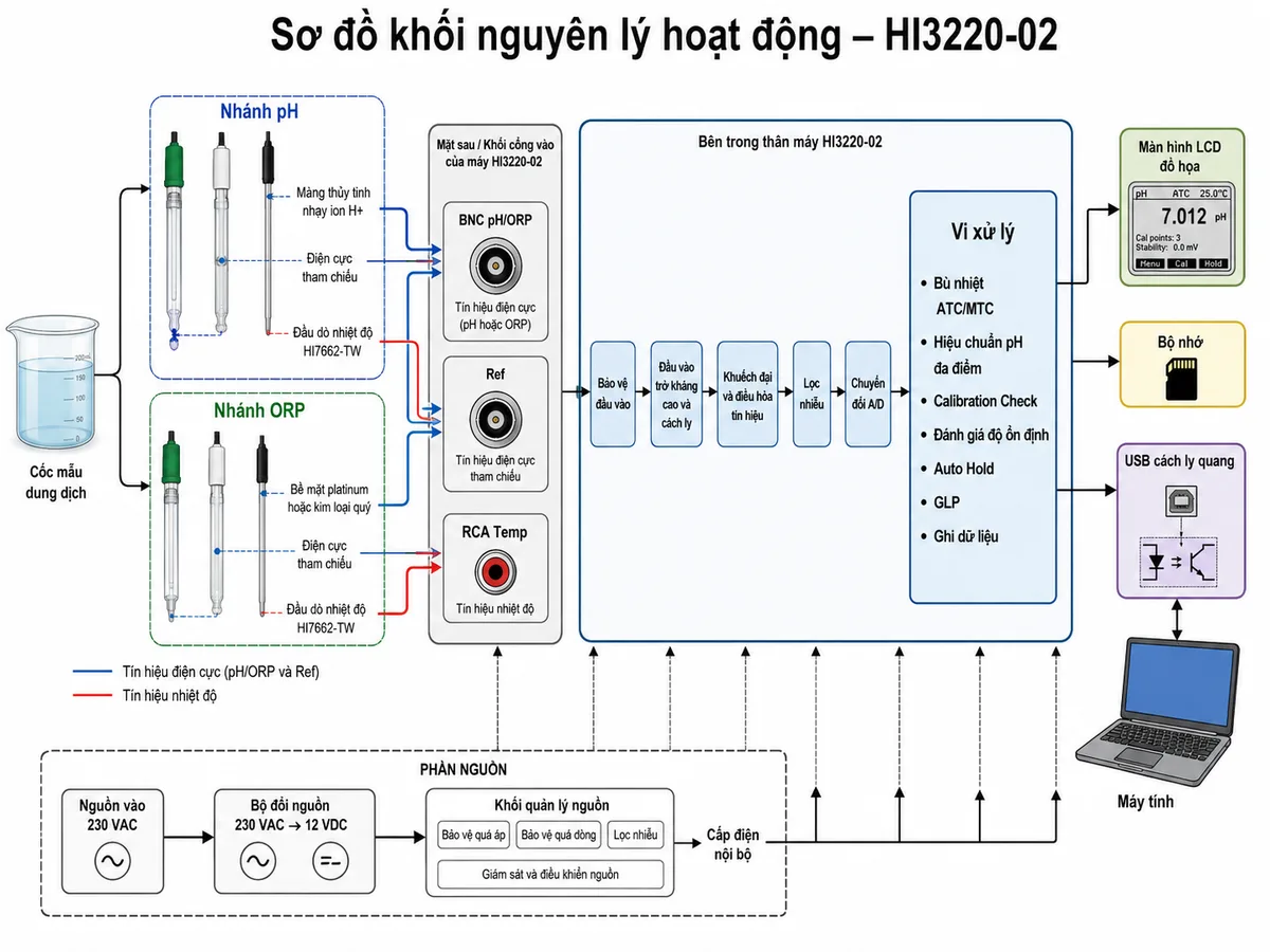 Vẽ sơ đồ khối nguyên lý hoạt động của Hanna HI3220-02 trên nền trắng, bố cục ngang. Bên trái là cốc mẫu với hai nhánh cảm biến lựa chọn: nhánh pH gồm màng thủy tinh nhạy ion H+, điện cực tham chiếu và đầu dò nhiệt độ HI7662-TW; nhánh ORP gồm bề mặt platinum hoặc kim loại quý, điện cực tham chiếu và đầu dò nhiệt độ. Tín hiệu điện cực đi qua cổng BNC pH/ORP và cổng Ref, tín hiệu nhiệt độ đi qua cổng RCA Temp. Bên trong máy thể hiện lần lượt các khối bảo vệ đầu vào, đầu vào trở kháng cao và cách ly, khuếch đại và điều hòa tín hiệu, lọc nhiễu, chuyển đổi A/D rồi đến vi xử lý. Trong vi xử lý thể hiện các chức năng bù nhiệt ATC hoặc MTC, hiệu chuẩn pH đa điểm, Calibration Check, đánh giá độ ổn định, Auto Hold, GLP và ghi dữ liệu. Đầu ra chia tới màn hình LCD đồ họa, bộ nhớ và giao diện USB cách ly quang nối máy tính. Phía dưới thể hiện bộ đổi nguồn 230 VAC sang 12 VDC, khối quản lý nguồn và các đường cấp điện nội bộ.
