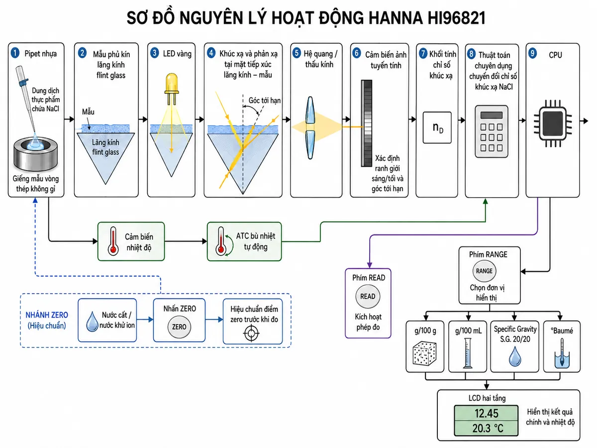 Vẽ sơ đồ nguyên lý hoạt động Hanna HI96821 dạng block diagram kỹ thuật trên nền trắng: pipet nhựa nhỏ dung dịch thực phẩm chứa NaCl vào giếng mẫu vòng thép không gỉ → mẫu phủ kín lăng kính flint glass → LED vàng phát ánh sáng qua lăng kính → khúc xạ và phản xạ tại mặt tiếp xúc lăng kính–mẫu → hệ quang/thấu kính → cảm biến ảnh tuyến tính xác định ranh giới sáng/tối và góc tới hạn → khối tính chỉ số khúc xạ. Từ cảm biến nhiệt độ tạo nhánh vào khối ATC bù nhiệt tự động → thuật toán chuyên dụng chuyển đổi chỉ số khúc xạ NaCl → CPU. Từ CPU qua phím RANGE tách thành bốn thang kết quả: g/100 g, g/100 mL, Specific Gravity S.G. 20/20 và °Baumé → LCD hai tầng hiển thị kết quả chính cùng nhiệt độ. Bổ sung nhánh ZERO: nước cất/nước khử ion → phủ kín lăng kính → nhấn ZERO → hiệu chuẩn điểm zero trước khi đo; phím READ kích hoạt phép đo.