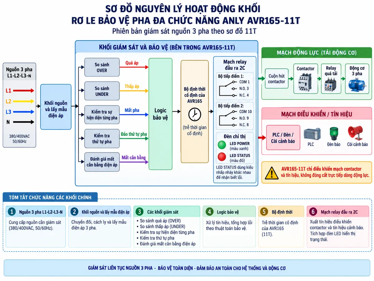Vẽ sơ đồ nguyên lý hoạt động dạng khối cho Anly AVR165-11T trên nền trắng, bố cục ngang. Luồng chính: nguồn ba pha L1-L2-L3-N theo sơ đồ 11T → khối nguồn và lấy mẫu điện áp → các khối “So sánh OVER”, “So sánh UNDER”, “Kiểm tra sự hiện diện từng pha”, “Kiểm tra thứ tự pha” và “Đánh giá mất cân bằng điện áp” → logic bảo vệ → bộ định thời cố định của AVR165 → mạch relay đầu ra 2C. Từ năm khối giám sát vẽ năm nhánh trạng thái “Quá áp”, “Thấp áp”, “Mất pha”, “Đảo thứ tự pha” và “Mất cân bằng” cùng đi vào logic bảo vệ. Sau relay đầu ra thể hiện hai bộ tiếp điểm: COM 1/N.O. 3/N.C. 4 và COM 10/N.O. 9/N.C. 8; một nhánh tới cuộn hút contactor rồi contactor → relay quá tải → động cơ 3 pha, nhánh còn lại tới PLC hoặc cảnh báo. Thể hiện LED POWER màu xanh và LED STATUS màu đỏ, ghi chú LED STATUS sử dụng các kiểu nhấp nháy khác nhau để nhận biết lỗi. Ghi rõ AVR165-11T chỉ điều khiển mạch contactor và tín hiệu, không đóng cắt trực tiếp dòng động lực.