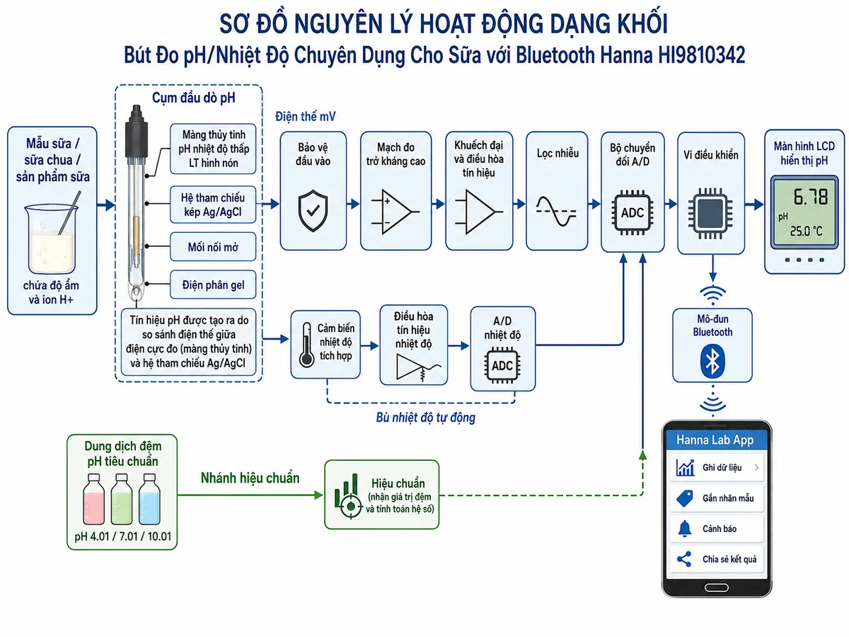 Sơ đồ nguyên lý hoạt động dạng khối của Bút Đo pH/Nhiệt Độ Chuyên Dụng Cho Sữa với Bluetooth Hanna HI9810342, nền trắng, bố cục ngang và nhãn tiếng Việt; luồng chính bắt đầu từ mẫu sữa, sữa chua hoặc sản phẩm sữa chứa độ ẩm và ion H+ đi tới màng thủy tinh pH nhiệt độ thấp LT hình nón; tín hiệu được so sánh với hệ tham chiếu kép Ag/AgCl qua mối nối mở và điện phân gel; điện thế mV tiếp tục qua bảo vệ đầu vào, mạch đo trở kháng cao, khuếch đại và điều hòa tín hiệu, lọc nhiễu, bộ chuyển đổi A/D, vi điều khiển rồi tới màn hình LCD hiển thị pH; vẽ nhánh từ cảm biến nhiệt độ tích hợp qua điều hòa tín hiệu và A/D tới vi điều khiển để bù nhiệt độ tự động; bổ sung nhánh hiệu chuẩn từ dung dịch đệm pH tiêu chuẩn tới vi điều khiển và nhánh Bluetooth từ vi điều khiển tới Hanna Lab App để ghi dữ liệu, gắn nhãn mẫu, cảnh báo và chia sẻ kết quả