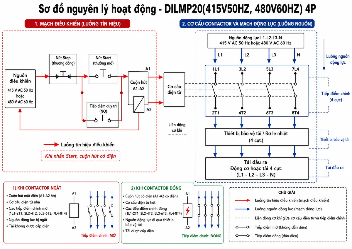 Sơ đồ nguyên lý hoạt động của Khởi động từ Eaton Moeller 276973 - DILMP20(415V50HZ,480V60HZ) 4P; thể hiện các khối nguồn điều khiển 415 V AC 50 Hz hoặc 480 V AC 60 Hz, nút Stop, nút Start, tiếp điểm duy trì, cuộn hút A1-A2, cơ cấu điện từ, bốn tiếp điểm chính 1L1-2T1, 3L2-4T2, 5L3-6T3, 7L4-8T4, thiết bị bảo vệ tải và tải đầu ra; dùng mũi tên mô tả luồng tín hiệu điều khiển và luồng nguồn động lực khi contactor đóng/ngắt