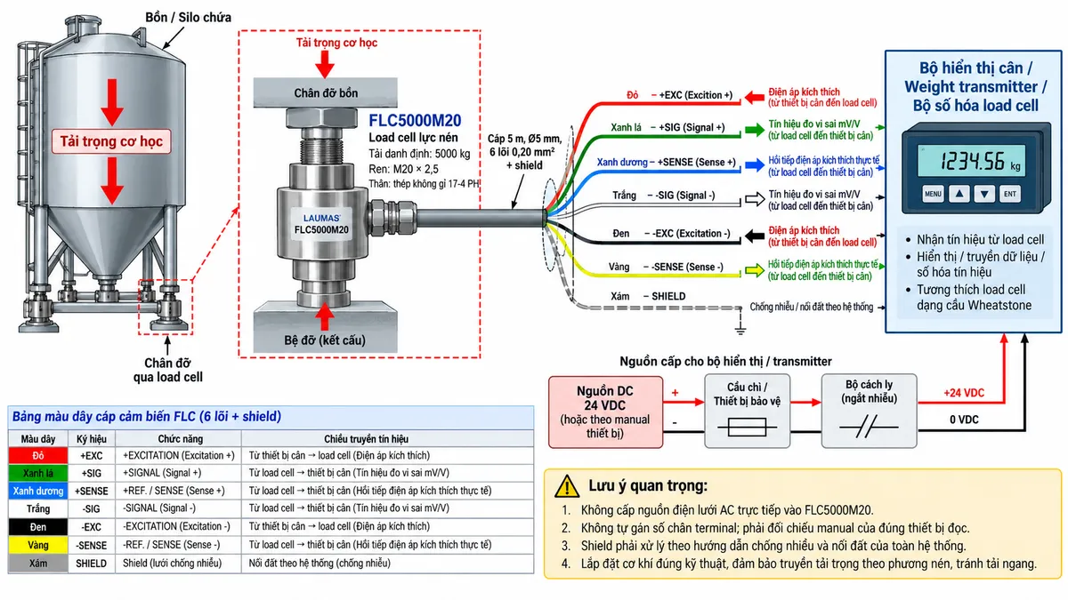 Vẽ sơ đồ đấu dây/kết nối kỹ thuật cho cảm biến lực nén Laumas FLC5000M20 trên nền trắng, bố cục ngang. Bên trái thể hiện bồn hoặc silo truyền tải trọng cơ học xuống chân đỡ và qua load cell FLC5000M20. Ở giữa ghi rõ dòng FLC, tải danh định 5000 kg, ren M20 × 2,5, thân thép không gỉ 17-4 PH. Từ load cell vẽ cáp dài 5 m, đường kính 5 mm, gồm 6 lõi 0,20 mm² và shield đi tới bộ hiển thị cân, weight transmitter hoặc bộ số hóa load cell tương thích ở bên phải. Thể hiện rõ +SIGNAL/SIG+ màu xanh lá, +EXCITATION/EXC+ màu đỏ, +REF./SENSE/SENSE+ màu xanh dương, -SIGNAL/SIG- màu trắng, -EXCITATION/EXC- màu đen, -REF./SENSE/SENSE- màu vàng và SHIELD. Dùng mũi tên chỉ EXC+/EXC- từ thiết bị điện tử cân tới load cell, SIG+/SIG- từ load cell về thiết bị xử lý và SENSE+/SENSE- hồi tiếp điện áp kích thích thực tế về thiết bị đọc. Vẽ riêng nguồn cấp phù hợp cho bộ hiển thị hoặc transmitter đi qua cầu chì hoặc thiết bị bảo vệ và điểm cách ly. Ghi chú không cấp nguồn điện lưới AC trực tiếp vào FLC5000M20, không tự gán số chân terminal mà phải đối chiếu manual của đúng thiết bị đọc, shield phải xử lý theo hướng dẫn chống nhiễu và nối đất của toàn hệ thống.