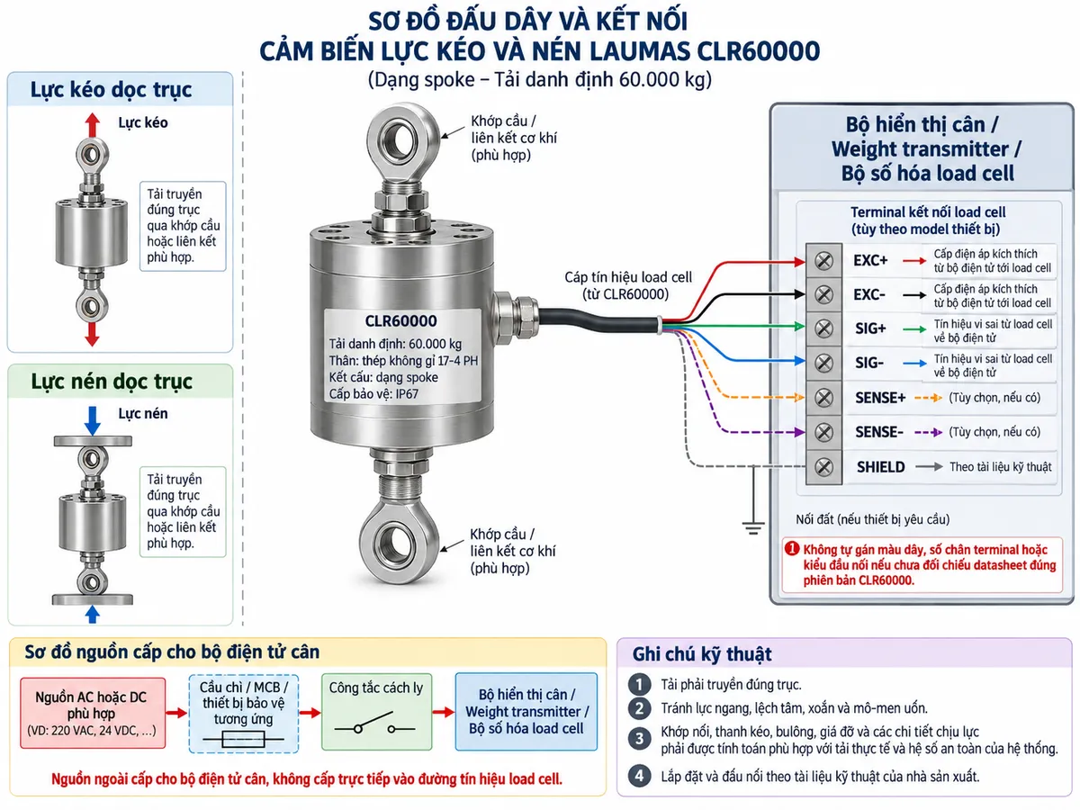 Vẽ sơ đồ đấu dây/kết nối kỹ thuật cho cảm biến lực kéo và nén Laumas CLR100000 trên nền trắng, bố cục ngang. Bên trái thể hiện hai trạng thái “Lực kéo dọc trục” và “Lực nén dọc trục”, tải truyền qua liên kết cơ khí hoặc khớp cầu phù hợp tới load cell CLR100000 ở giữa. Ghi rõ “CLR100000”, “Tải danh định: 100.000 kg”, “Thân: thép không gỉ 17-4 PH”, “Kết cấu: dạng spoke”, “Cấp bảo vệ: IP67”. Từ load cell vẽ cáp tín hiệu sang “Bộ hiển thị cân / Weight transmitter / Bộ số hóa load cell” ở bên phải. Thể hiện EXC+ và EXC- là đường cấp điện áp kích thích từ bộ điện tử tới load cell; SIG+ và SIG- là tín hiệu vi sai từ load cell trở về bộ điện tử; SENSE+ và SENSE- chỉ thể hiện dưới dạng tùy chọn nếu đúng cấu hình cảm biến và thiết bị đọc hỗ trợ; SHIELD thể hiện theo tài liệu kỹ thuật. Không tự gán màu dây, số chân terminal hoặc kiểu đầu nối khi chưa đối chiếu datasheet đúng phiên bản CLR100000. Phía dưới vẽ nguồn AC hoặc DC phù hợp cấp cho bộ điện tử cân qua cầu chì, MCB hoặc thiết bị bảo vệ tương ứng và công tắc cách ly; ghi rõ nguồn ngoài cấp cho bộ điện tử cân, không cấp trực tiếp vào đường tín hiệu load cell. Thêm ghi chú: tải phải truyền đúng trục; tránh lực ngang, lệch tâm, xoắn và mô-men uốn; khớp nối, thanh kéo, bulông, giá đỡ và toàn bộ chi tiết chịu lực phải được tính toán phù hợp với tải thực tế và hệ số an toàn của hệ thống.