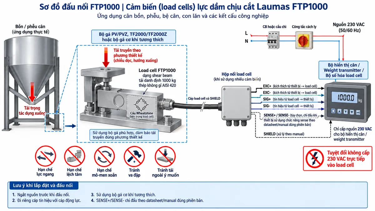 Vẽ sơ đồ đấu dây/kết nối kỹ thuật cho Laumas FTP1000 trên nền trắng, bố cục ngang. Bên trái thể hiện bồn, phễu, bệ cân, con lăn hoặc kết cấu cần cân truyền tải trọng theo phương thiết kế qua bộ gá PV/PVZ, TF2000/TF2000Z hoặc bộ gá cơ khí tương thích tới load cell FTP1000 tải danh định 1000 kg dạng shear beam bằng thép không gỉ AISI 420 ở giữa. Thể hiện một đầu FTP1000 được cố định chắc chắn vào kết cấu đỡ, đầu nhận tải làm việc đúng hướng; chú thích hạn chế lực ngang, lệch tâm, mô-men xoắn, va đập và tải ngoài ý muốn. Từ FTP1000 vẽ cáp load cell có SHIELD tới hộp nối load cell khi sử dụng nhiều cảm biến, sau đó tới bộ hiển thị cân, weight transmitter hoặc bộ số hóa load cell. Thể hiện EXC+/EXC- từ thiết bị điện tử cân cấp điện áp kích thích cho cầu Wheatstone và SIG+/SIG- truyền tín hiệu vi sai từ load cell về thiết bị đọc; thể hiện SENSE+/SENSE- chỉ khi cấu hình thiết bị đọc sử dụng chức năng sense và ghi chú phải đấu theo datasheet/manual đúng phiên bản. SHIELD xử lý theo manual. Phần nguồn điện lưới chỉ cấp cho bộ hiển thị hoặc transmitter qua CB hoặc cầu chì và công tắc cách ly phù hợp; ghi rõ tuyệt đối không cấp 230 VAC trực tiếp vào load cell. Bổ sung lưu ý ngắt nguồn trước khi đấu nối, đi riêng cáp tín hiệu với cáp động lực và sử dụng bộ gá cơ khí tương thích.