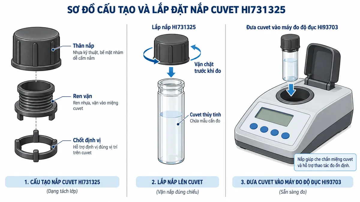 Sơ đồ vị trí lắp đèn HI740234 trong hệ quang học của máy đo độ đục EPA Hanna