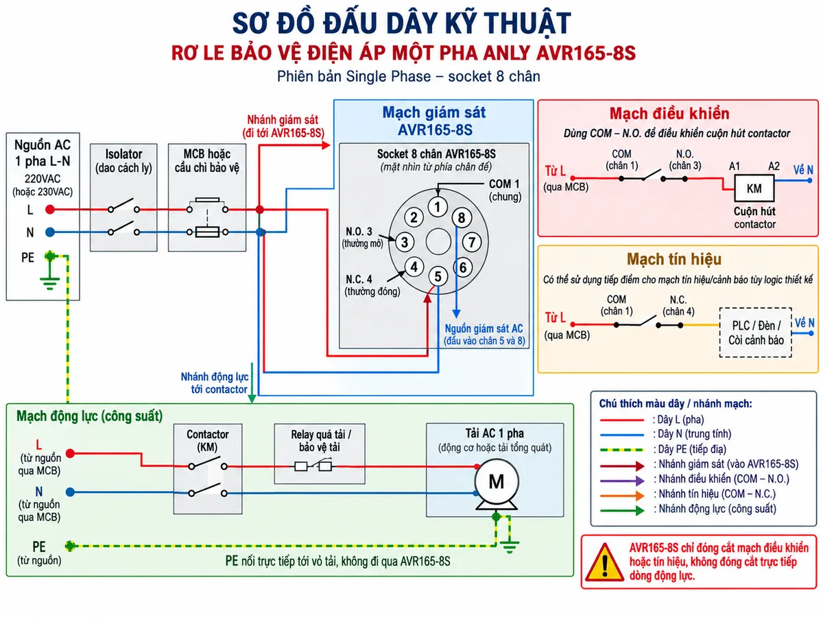 Vẽ sơ đồ đấu dây kỹ thuật cho Rơ le bảo vệ điện áp một pha Anly AVR165-8S trên nền trắng, bố cục ngang. Bên trái thể hiện nguồn AC một pha L-N đi qua isolator và MCB hoặc cầu chì bảo vệ rồi phân nhánh: nhánh giám sát đưa nguồn vào các cực AC của AVR165-8S trên socket 8 chân theo đúng CONNECTION của hãng; thể hiện nguồn giám sát nối vào chân 5 và chân 8. Ở giữa vẽ rõ socket 8 chân AVR165-8S và bộ tiếp điểm chuyển đổi 1C gồm COM chân 1, N.O. chân 3, N.C. chân 4. Dùng COM-N.O. trong mạch điều khiển cuộn hút contactor; có thể thể hiện N.C. đưa về PLC hoặc đèn/còi cảnh báo tùy logic. Nhánh công suất đi qua contactor và thiết bị bảo vệ tải rồi đến tải AC một pha. PE nối trực tiếp tới vỏ tải nếu tải yêu cầu nối đất bảo vệ, không đi qua AVR165-8S. Ghi chú rõ AVR165-8S chỉ đóng cắt mạch điều khiển hoặc tín hiệu, không đóng cắt trực tiếp dòng động lực.