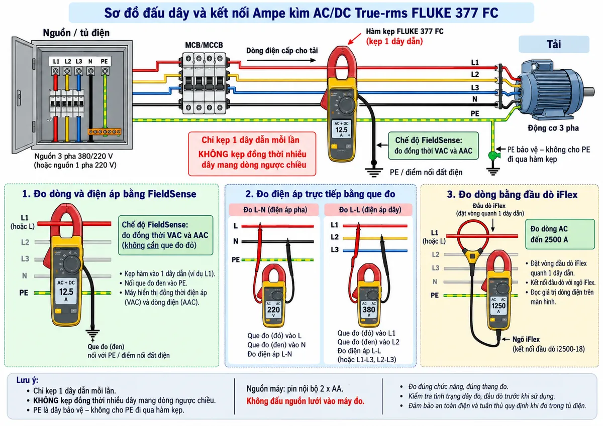 Sơ đồ đấu dây và kết nối Ampe kìm AC/DC True-rms FLUKE 377 FC trên nền trắng, bố cục ngang, chú thích tiếng Việt. Thể hiện nguồn điện/tủ điện có thiết bị bảo vệ MCB hoặc MCCB phía trước tải; dây L hoặc từng pha L1-L2-L3 đi qua hàm kẹp FLUKE 377 FC từng dây một, tuyệt đối không kẹp đồng thời nhiều dây mang dòng ngược chiều. Với chế độ FieldSense, thể hiện dây đo màu đen từ cổng COM của máy nối tới PE/điểm nối đất điện, hàm kẹp bao quanh dây pha để đo đồng thời VAC và AAC. Vẽ thêm phương án đo bằng que đo: cổng V/Ω và COM nối que đo tới L-N hoặc L-L để đo điện áp trực tiếp. Vẽ nhánh đầu dò dòng mềm i2500-18 iFlex bao quanh dây dẫn AC rồi nối vào cổng iFlex của FLUKE 377 FC để đo đến 2500 A AC. Ghi rõ thiết bị đo dùng pin nội bộ 2 x AA, không đấu nguồn lưới vào máy; thể hiện tải ví dụ động cơ ba pha hoặc tủ phân phối và dây PE bảo vệ, không cho PE đi qua hàm kẹp.