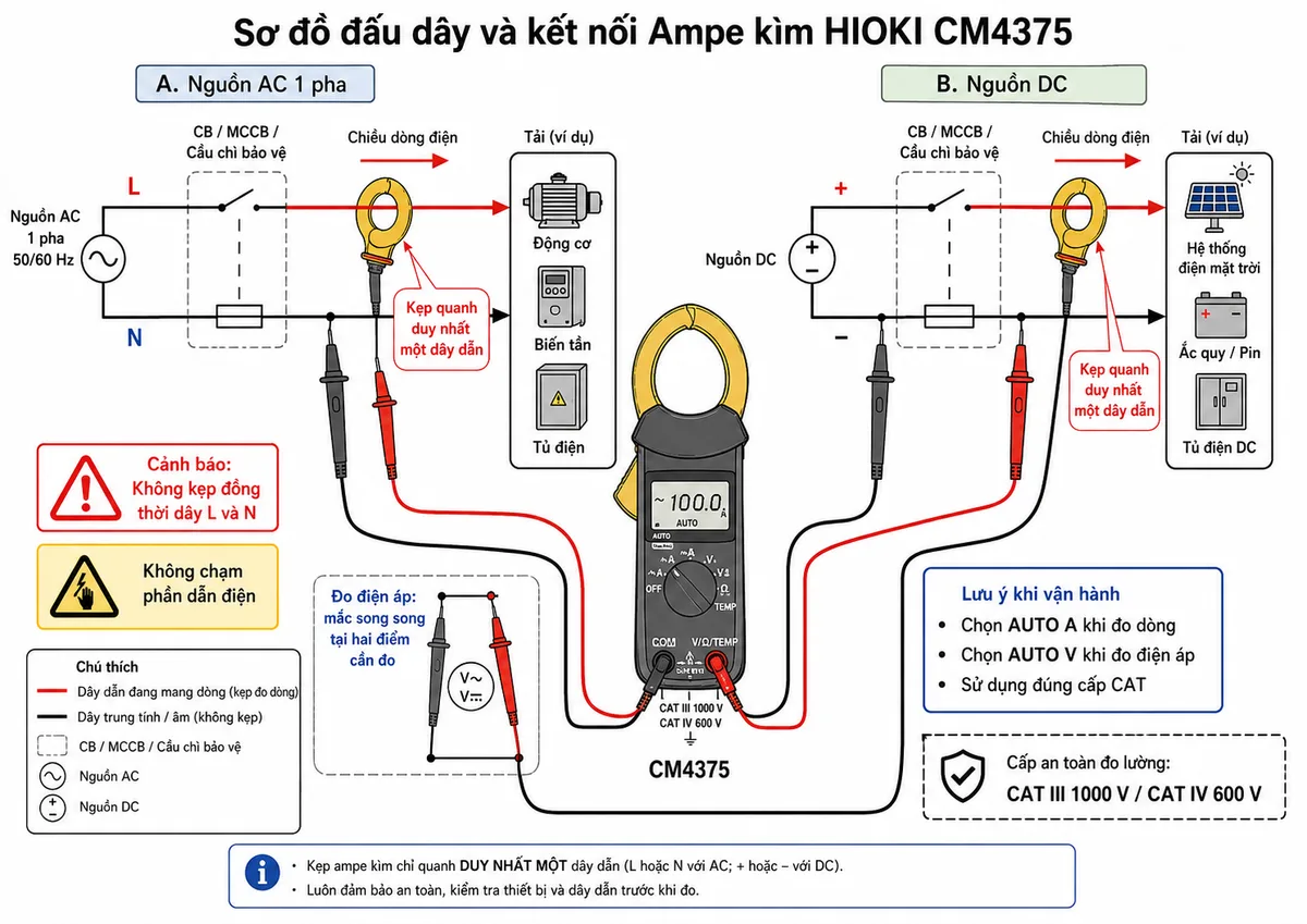 Vẽ sơ đồ đấu dây và kết nối Ampe kìm HIOKI CM4375, nền trắng, bố cục ngang, phong cách kỹ thuật điện công nghiệp, nhãn tiếng Việt; thể hiện nguồn AC một pha L-N hoặc nguồn DC dương-âm đi qua CB, MCCB hoặc cầu chì bảo vệ rồi cấp cho tải là động cơ, biến tần, tủ điện hoặc hệ thống điện mặt trời; gọng kìm CM4375 kẹp quanh duy nhất một dây dẫn phía sau thiết bị bảo vệ, có mũi tên chỉ chiều dòng điện và cảnh báo không kẹp đồng thời dây L và N; thể hiện thêm dây đo L9207-10 với que đen nối cổng COM, que đỏ nối cổng V/Ω/TEMP, hai que mắc song song tại hai điểm cần đo điện áp; ghi rõ chọn AUTO A khi đo dòng, AUTO V khi đo điện áp, sử dụng đúng cấp CAT và không chạm phần dẫn điện; không logo, không watermark.