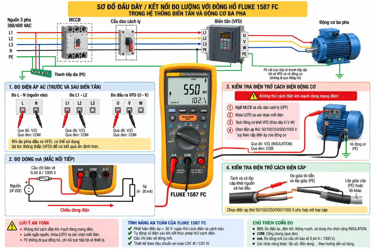Sơ đồ đấu dây/kết nối kỹ thuật của Đồng hồ vạn năng đo điện trở cách điện True-RMS FLUKE 1587 FC trên nền trắng, bố cục ngang, chú thích tiếng Việt. Phần trên thể hiện nguồn L1-L2-L3-N-PE đi qua MCCB và cầu dao cách ly tới biến tần VFD và động cơ ba pha; PE nối trực tiếp từ thanh tiếp địa tới vỏ VFD và vỏ động cơ, không đi qua đồng hồ. Đặt FLUKE 1587 FC ở trung tâm, thể hiện rõ cổng COM, V/Ω và mA. Nhánh 1 đo điện áp AC: que đỏ vào V/Ω, que đen COM, đo song song L-N, L1-L2 và đầu ra VFD; ghi chú sử dụng bộ lọc thông thấp VFD khi phù hợp. Nhánh 2 đo dòng mA: mắc đồng hồ nối tiếp, thể hiện cầu chì bảo vệ 0,44 A/1000 V. Nhánh 3 kiểm tra cách điện động cơ: MCCB và cầu dao OFF, khóa LOTO, xác nhận mất điện, tách động cơ khỏi VFD, nối một đầu đo vào cuộn dây và đầu còn lại vào vỏ động cơ/PE; chọn điện áp thử 50/100/250/500/1000 V phù hợp. Nhánh 4 kiểm tra cáp: cáp được cô lập hai đầu, một đầu đo vào lõi dẫn và đầu kia vào lớp giáp/PE hoặc lõi khác. Thể hiện cảnh báo “Không thử cách điện khi mạch đang mang điện”, chức năng phát hiện điện áp trên 30 V và tự động xả điện sau phép thử; mũi tên rõ chiều kết nối; phong cách kỹ thuật điện công nghiệp, không logo.