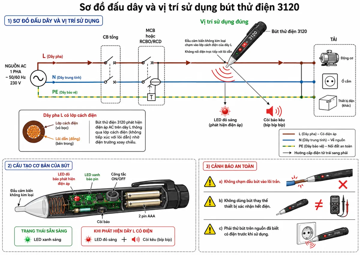 Vẽ sơ đồ đấu dây và vị trí sử dụng Bút thử điện HIOKI 3120, nền trắng, bố cục ngang, nhãn tiếng Việt, phong cách kỹ thuật điện công nghiệp. Thể hiện nguồn AC một pha gồm L, N và PE đi qua CB tổng, MCB hoặc RCBO/RCD bảo vệ rồi cấp tới tải như động cơ nhỏ, ổ cắm hoặc thiết bị điện. Vẽ rõ dây pha L có lớp cách điện, dây trung tính N và dây PE; đầu cảm biến không kim loại của HIOKI 3120 chạm vào vỏ cách điện của riêng dây L, hoàn toàn không nối điện trực tiếp với lõi dẫn. Thể hiện hai pin AAA bên trong bút, công tắc ON/OFF, LED xanh báo pin, LED đỏ và còi báo khi dây L có điện. Bổ sung cảnh báo không chạm đầu bút vào lõi trần, không dùng bút thay thế thiết bị xác nhận hết điện và phải thử bút trên nguồn đã biết có điện trước khi sử dụng.