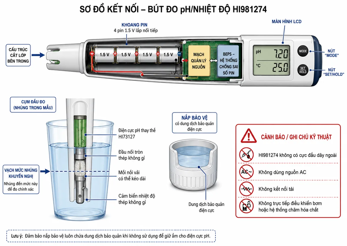 Sơ đồ kết nối sử dụng Bút Đo pH/Nhiệt Độ Hanna HI981274, nền trắng, bố cục ngang, nhãn tiếng Việt; thể hiện 4 pin 1.5 V với cực dương và cực âm lắp trong khoang pin, mạch quản lý nguồn và hệ thống chống sai số pin BEPS bên trong thân bút, nút nguồn MODE, nút SET/HOLD và màn hình LCD; phần đầu đo gồm điện cực pH thay thế HI73127 với đầu nối tròn thép không gỉ, mối nối vải có thể kéo dài và cảm biến nhiệt độ thép không gỉ, được nhúng trong cốc mẫu nước hồ bơi đến mức phù hợp; vẽ nắp bảo vệ có dung dịch bảo quản điện cực; ghi chú rõ HI981274 không có cực đấu dây ngoài, không dùng nguồn AC, không kết nối tải và không trực tiếp điều khiển bơm hoặc hệ thống châm hóa chất
