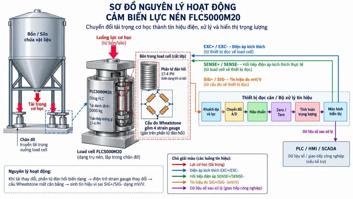 Vẽ sơ đồ nguyên lý hoạt động dạng khối cho cảm biến lực nén Laumas FLC5000M20 trên nền trắng, bố cục ngang. Bắt đầu từ bồn hoặc silo tạo tải trọng cơ học truyền xuống chân đỡ và tác động lực nén lên FLC5000M20 tải danh định 5000 kg. Bên trong load cell thể hiện phần tử đàn hồi bằng thép không gỉ 17-4 PH và các strain gauge mắc thành cầu Wheatstone. Từ bộ hiển thị cân hoặc weight transmitter vẽ EXC+/EXC- cấp điện áp kích thích vào cầu đo và SENSE+/SENSE- hồi tiếp điện áp kích thích thực tế về thiết bị đọc. Khi tải thay đổi, phần tử đàn hồi biến dạng làm điện trở strain gauge thay đổi và sinh tín hiệu vi sai SIG+/SIG- dạng mV/V. Tín hiệu tiếp tục qua các khối khuếch đại và lọc, chuyển đổi A/D, hiệu chuẩn, Zero/Tare, tính toán trọng lượng rồi tới màn hình hiển thị. Nếu bộ điện tử cân hỗ trợ giao tiếp công nghiệp, thêm nhánh dữ liệu số sau xử lý tới PLC/HMI/SCADA. Dùng mũi tên và chú thích tiếng Việt để phân biệt luồng lực cơ học, điện áp kích thích, hồi tiếp sense, tín hiệu đo mV/V và dữ liệu số sau xử lý.