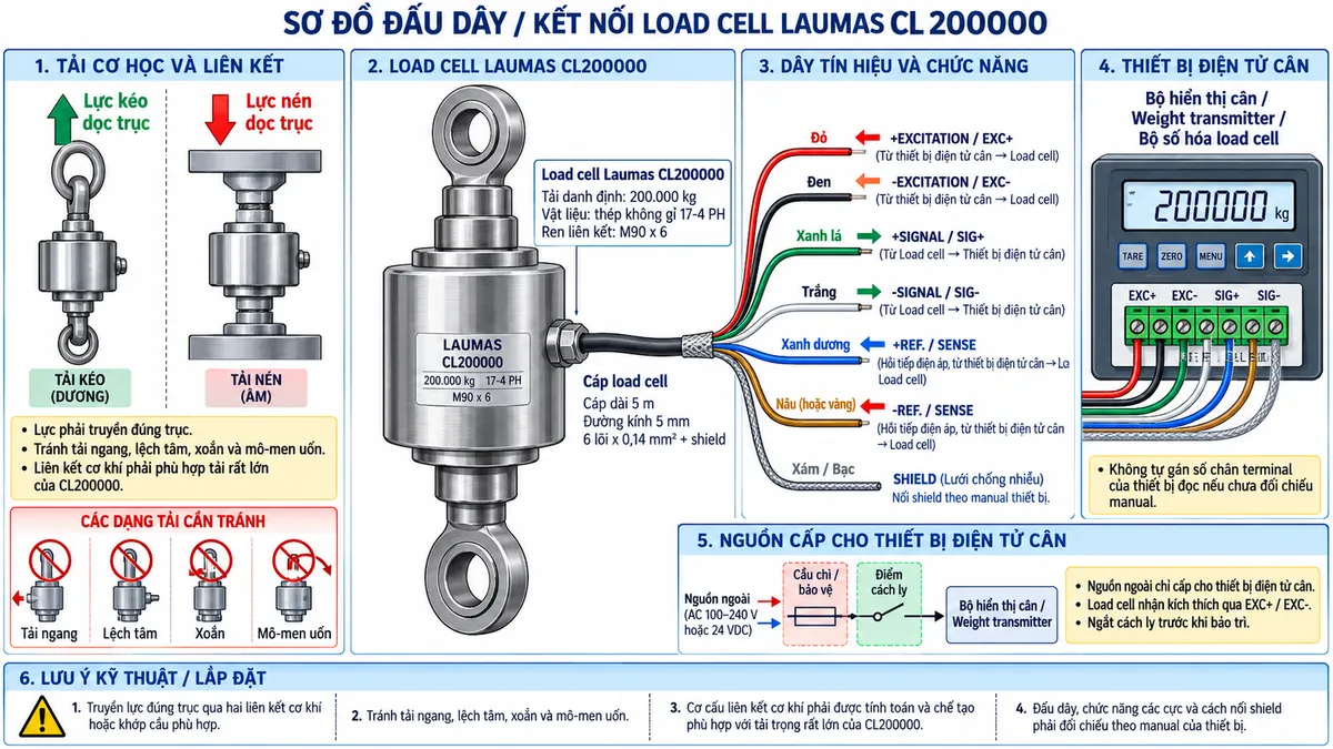 Vẽ sơ đồ nguyên lý hoạt động dạng khối cho Laumas CL200000 trên nền trắng, bố cục ngang. Bắt đầu từ “Lực kéo / lực nén dọc trục” → “Liên kết cơ khí M90 x 6” → “Phần tử đàn hồi CL200000 bằng thép không gỉ 17-4 PH” → “Biến dạng đàn hồi” → “Strain gauge thay đổi điện trở” → “Cầu Wheatstone”. Vẽ khối “Bộ điện tử cân / Weight transmitter / Bộ số hóa load cell” phía trên; từ khối này EXC+/EXC- cấp điện áp kích thích vào cầu Wheatstone, REF./SENSE+ và REF./SENSE- hồi tiếp điện áp từ cảm biến về thiết bị trong cấu hình sáu dây. Từ cầu Wheatstone vẽ SIG+/SIG- là tín hiệu vi sai mV/V đi tới “Khuếch đại tín hiệu” → “Chuyển đổi A/D” → “Hiệu chuẩn và lọc” → “Zero/Tare và tính toán lực/trọng lượng” → “Hiển thị cân hoặc truyền dữ liệu tới PLC/HMI/SCADA”. Ghi chú CL200000 có tải danh định 200.000 kg và cấp bảo vệ IP67. Dùng mũi tên rõ chiều luồng cơ học, điện áp kích thích, tín hiệu hồi tiếp và tín hiệu đo. Ghi chú an toàn cơ khí: lực phải truyền đúng trục cảm biến; hạn chế lực ngang, lệch tâm, xoắn và mô-men uốn để giảm sai số, tránh quá tải cục bộ và bảo vệ phần tử đo.