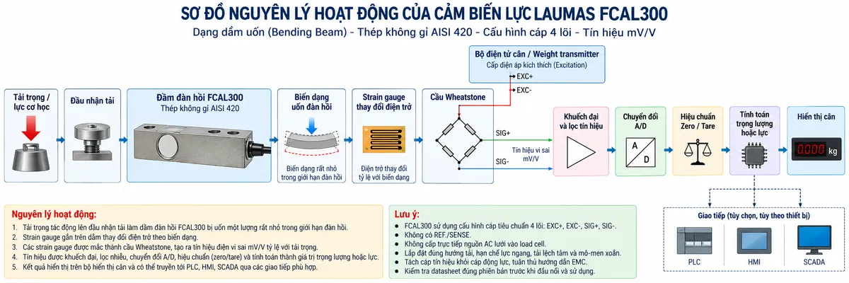Vẽ sơ đồ nguyên lý hoạt động dạng khối cho Laumas FCAL300 trên nền trắng, bố cục ngang. Thể hiện luồng từ trái sang phải: “Tải trọng / lực cơ học” → “Đầu nhận tải” → “Dầm đàn hồi FCAL300 bằng thép không gỉ AISI 420” → “Biến dạng uốn đàn hồi” → “Strain gauge thay đổi điện trở” → “Cầu Wheatstone”. Từ khối “Bộ điện tử cân / Weight transmitter” vẽ EXC+ và EXC- cấp điện áp kích thích tới cầu Wheatstone. Không vẽ REF./SENSE vì FCAL300 sử dụng cấu hình cáp tiêu chuẩn 4 lõi. Từ cầu Wheatstone vẽ SIG+ và SIG- mang tín hiệu vi sai mV/V → “Khuếch đại và lọc tín hiệu” → “Chuyển đổi A/D” → “Hiệu chuẩn / Zero / Tare” → “Tính toán trọng lượng hoặc lực” → “Hiển thị cân”. Từ bộ xử lý vẽ nhánh tùy chọn tới PLC, HMI và SCADA khi sử dụng weight transmitter hoặc thiết bị điện tử cân có giao tiếp tương thích. Bổ sung chú thích nguyên lý: tải làm dầm FCAL300 biến dạng rất nhỏ; strain gauge chuyển biến dạng thành thay đổi điện trở; cầu Wheatstone tạo tín hiệu điện tỷ lệ với tải.