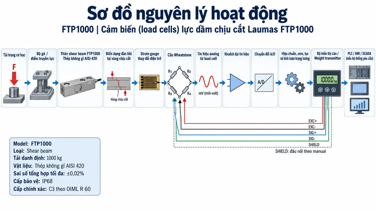 Vẽ sơ đồ nguyên lý hoạt động dạng khối cho Laumas FTP1000 trên nền trắng, bố cục ngang. Luồng chính gồm: Tải trọng cơ học → Bộ gá / điểm truyền lực → Thân shear beam FTP1000 bằng thép không gỉ AISI 420 → Biến dạng đàn hồi tại vùng chịu cắt → Strain gauge thay đổi điện trở → Cầu Wheatstone → Tín hiệu analog từ load cell → Khuếch đại tín hiệu → Chuyển đổi A/D → Hiệu chuẩn, zero, lọc và tính toán trọng lượng → Bộ hiển thị cân / Weight transmitter → PLC / HMI / SCADA nếu hệ thống yêu cầu. Vẽ nhánh từ thiết bị điện tử cân cấp EXC+/EXC- tới cầu Wheatstone và nhận SIG+/SIG- trở về; thể hiện SHIELD theo cáp tín hiệu với ghi chú đấu nối theo manual. Bổ sung khối thông tin nhận diện gồm FTP1000, shear beam, tải danh định 1000 kg, thép không gỉ AISI 420, sai số tổng hợp tối đa ±0,02%, cấp bảo vệ IP68 và cấp chính xác C3 theo OIML R 60.