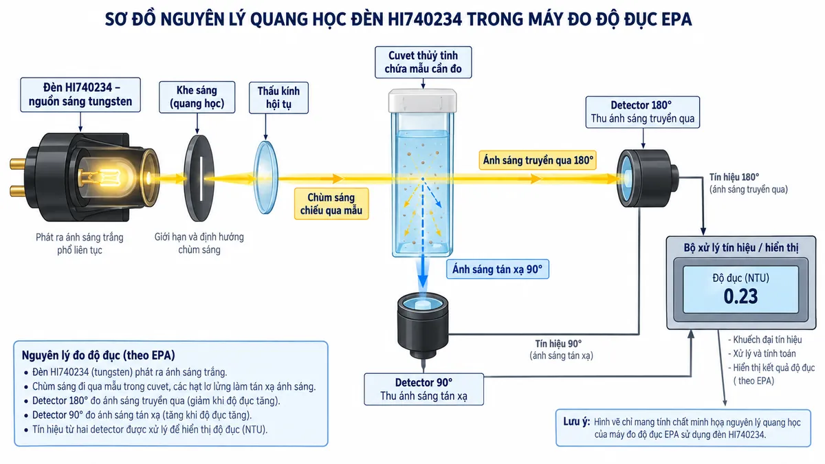 Sơ đồ nguyên lý đèn tungsten chiếu qua cuvet, detector 90 độ thu ánh sáng tán xạ và detector 180 độ thu ánh sáng truyền qua
